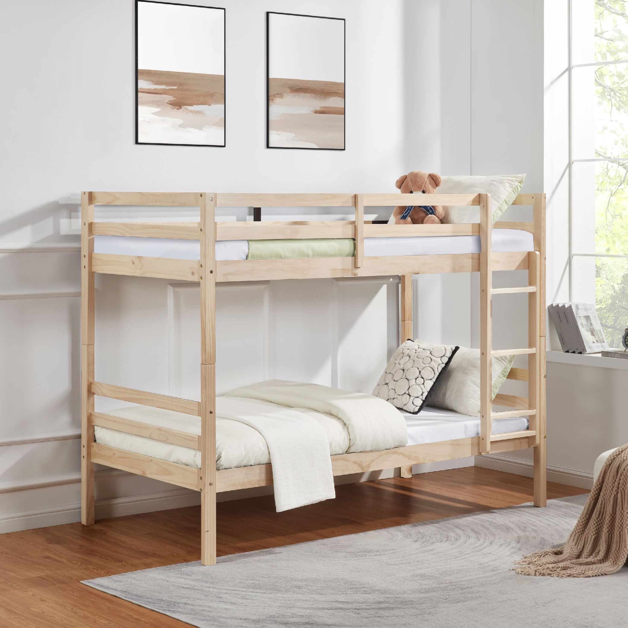 Twin over Twin Bunk Bed with Ladder,Wooden Bunk Bed with High Guardrail and Ladder for Kids, Teens, Dorm Rooms, and Guest Rooms,No Box Spring Needed,N