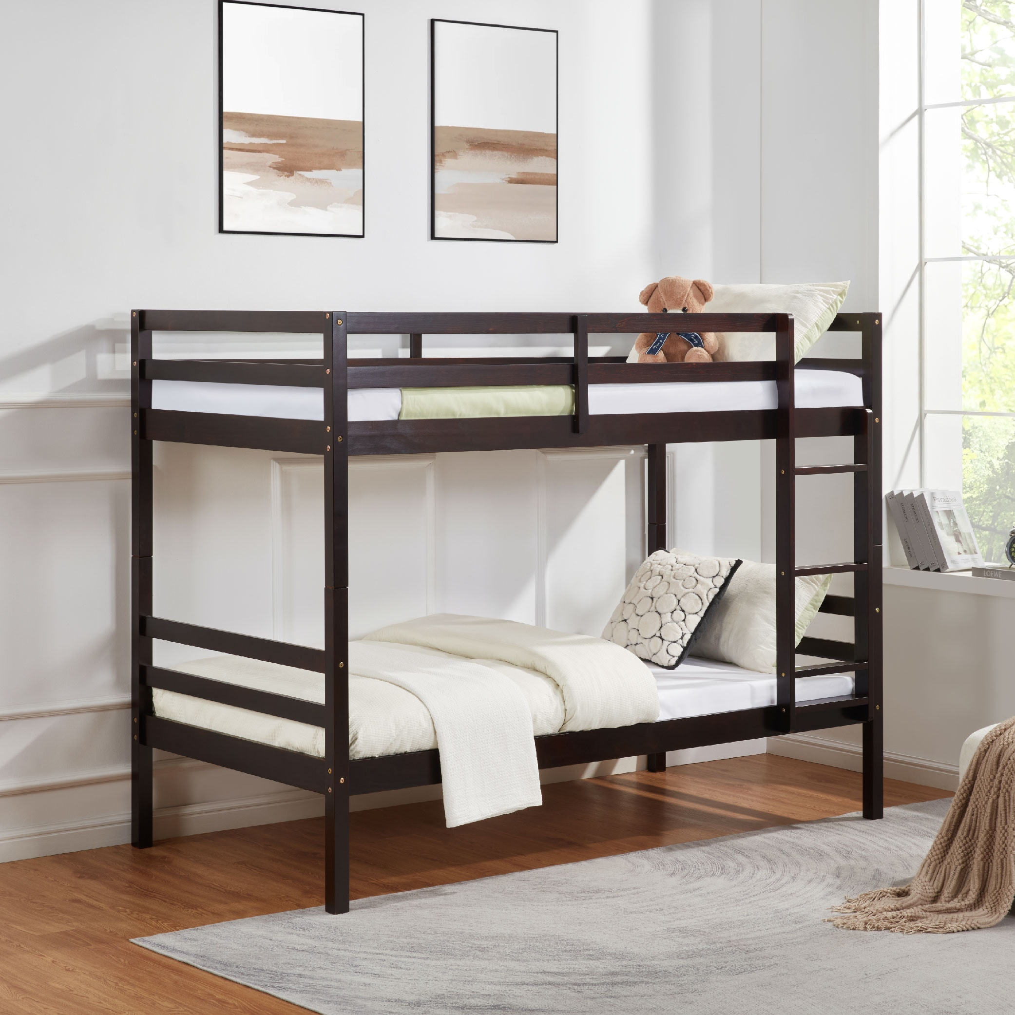 Twin over Twin Bunk Bed with Ladder,Wooden Bunk Bed with High Guardrail and Ladder for Kids, Teens, Dorm Rooms, and Guest Rooms,No Box Spring Needed,E