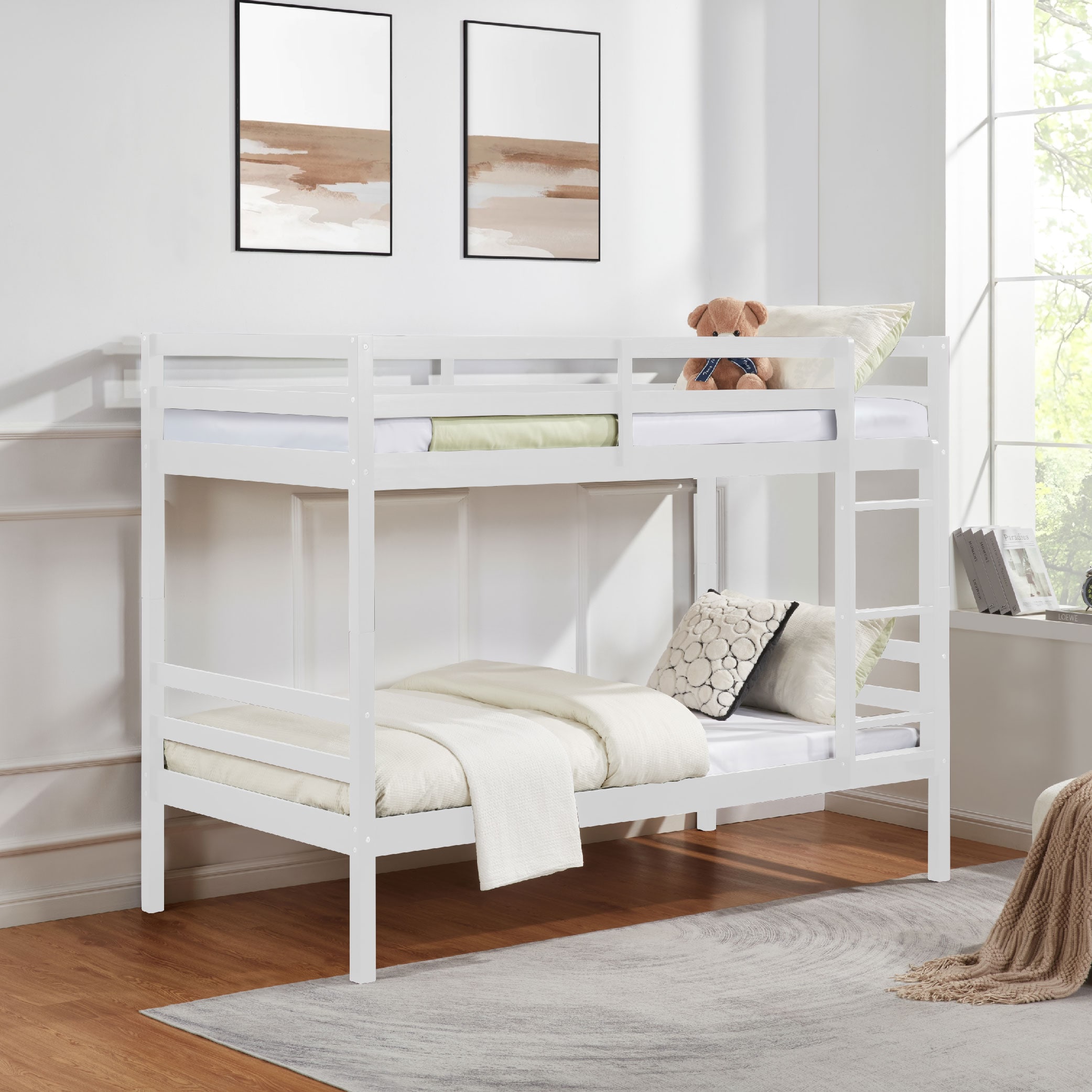 Twin over Twin Bunk Bed with Ladder,Wooden Bunk Bed with High Guardrail and Ladder for Kids, Teens, Dorm Rooms, and Guest Rooms,No Box Spring Needed,W