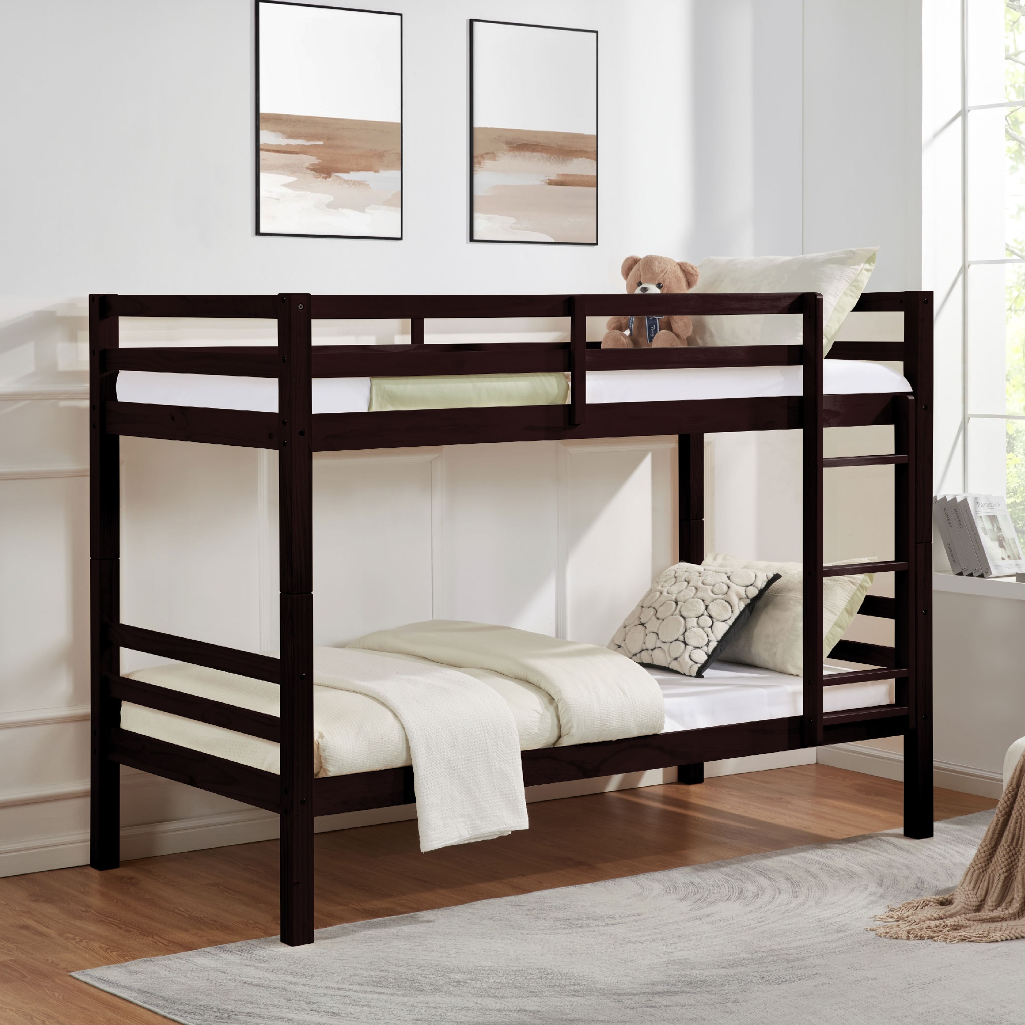 Twin over Twin Bunk Bed with Thick Posts,Wooden Bunk Bed with High Guardrail and Ladder for Kids, Teens, Dorm Rooms, and Guest Rooms,No Box Spring Nee