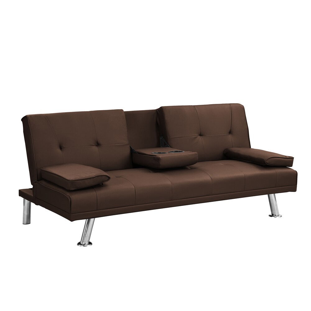 sofa bed with Armrest two holders WOOD FRAME, STAINLESS LEG, FUTON GREY PVC