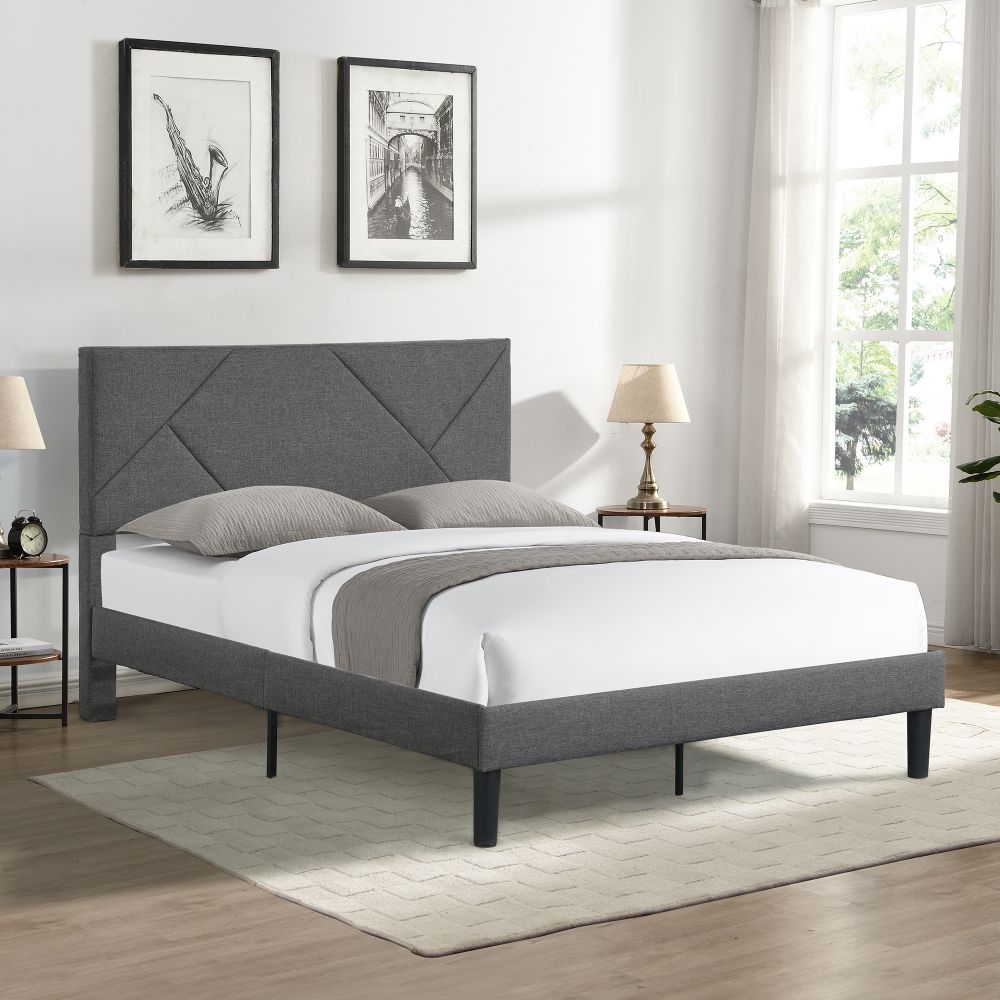 Queen Size Upholstered Platform 床 Frame with Headboard, Strong 木质 Slat Support, 