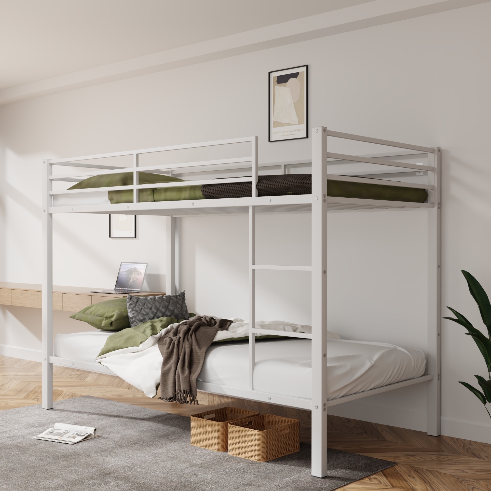 Metal Bunk Bed Twin Over Twin, Low Profile Bunk Bed Frame withBuilt-in Ladder, High Guardrail and Metal Slats, Space-Saving Twin Size Bed Frame for Ki