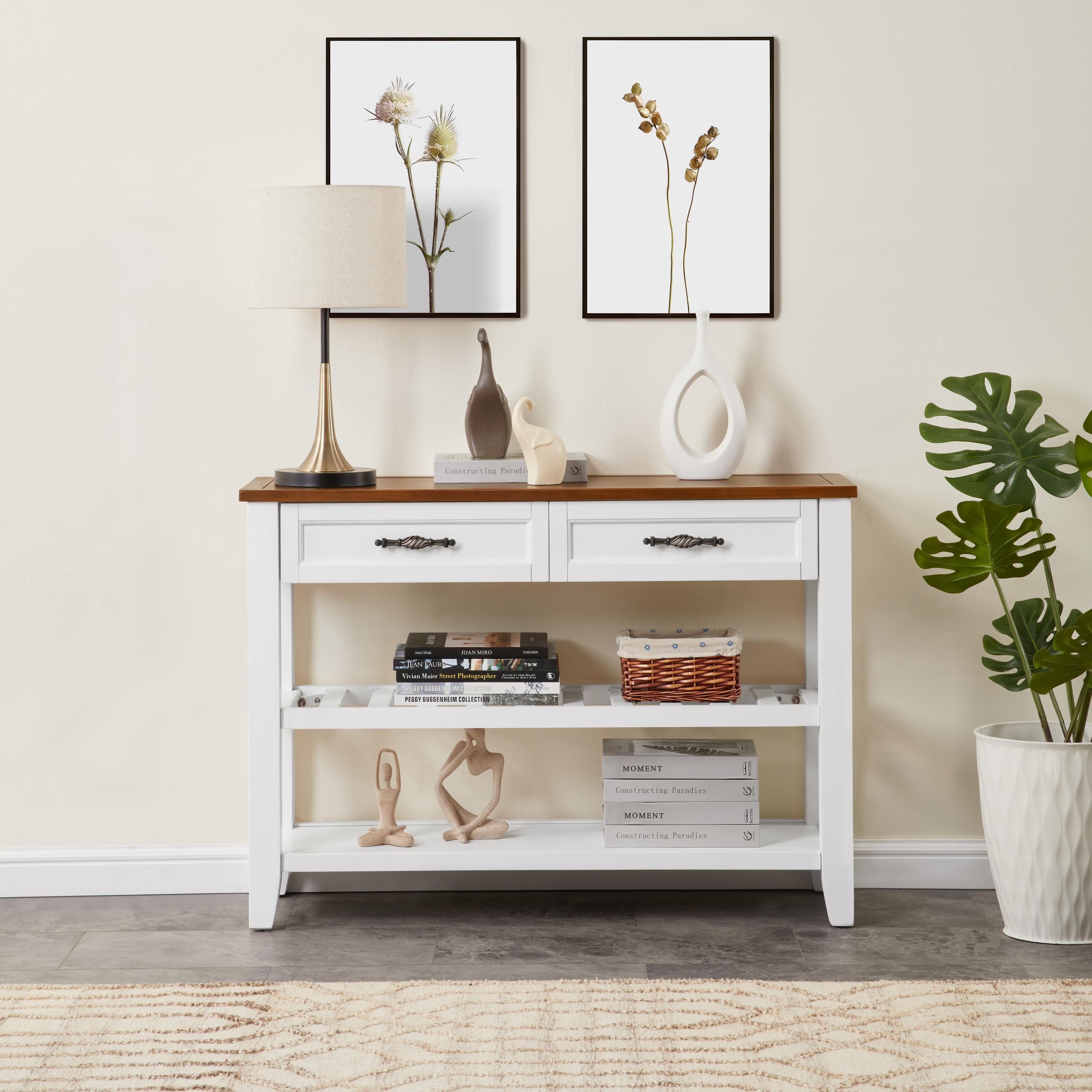 Retro Design Console Table with Two Open Shelves, Pine Solid Wood Frame and Legs for Living Room