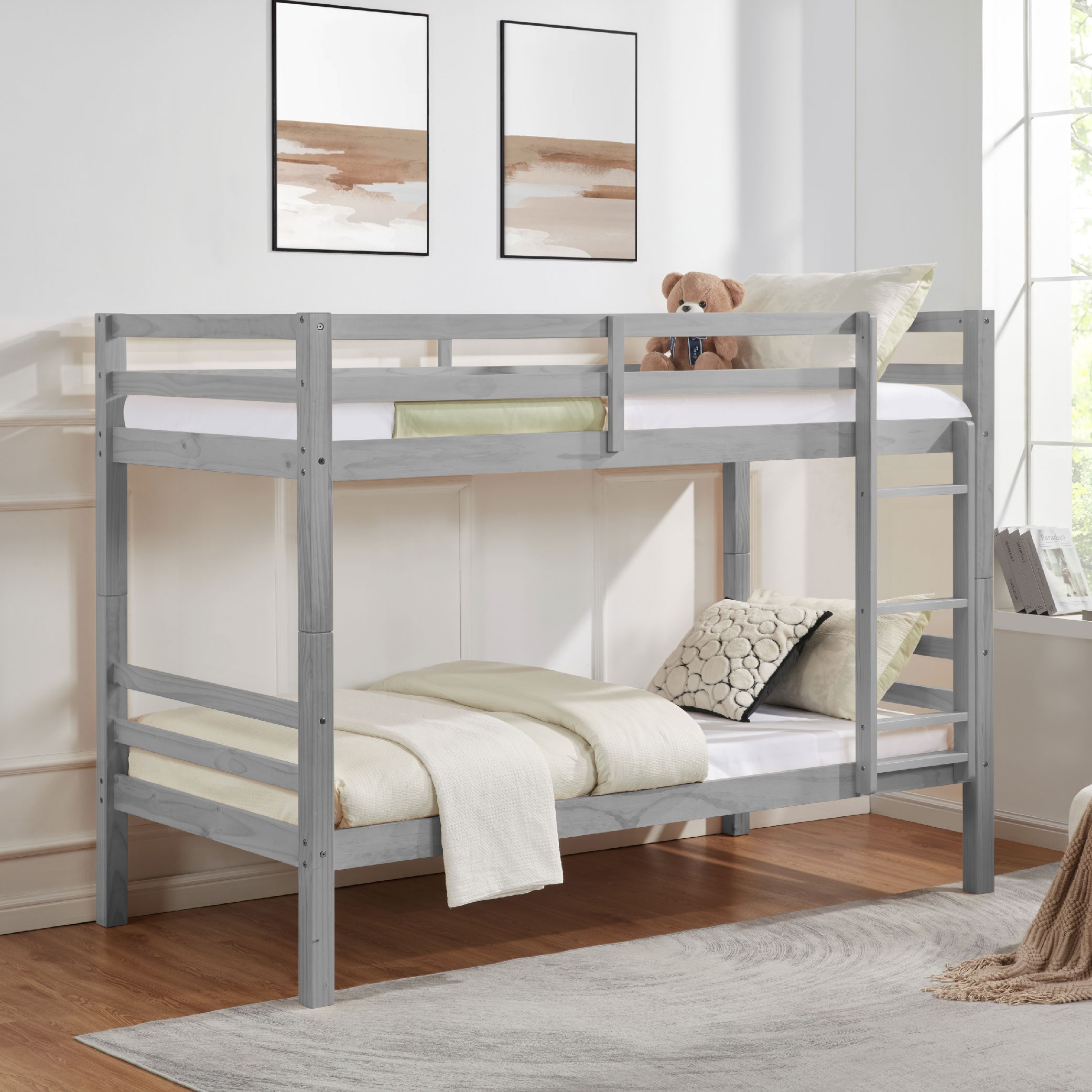 Twin over Twin Bunk Bed with Thick Posts,Wooden Bunk Bed with High Guardrail and Ladder for Kids, Teens, Dorm Rooms, and Guest Rooms,No Box Spring Nee