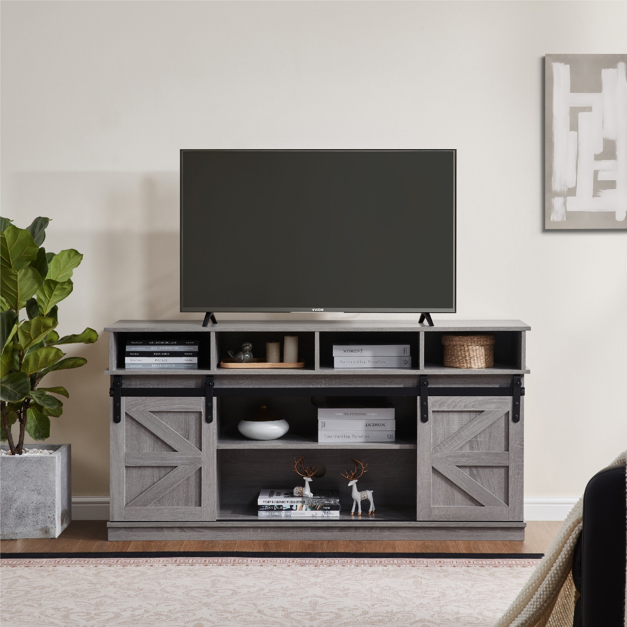 TV Stand Sliding Barn Door Modern&Farmhouse Wood Entertainment Center, Storage Cabinet Table Living Room with Adjustable Shelves for TVs Up to 65