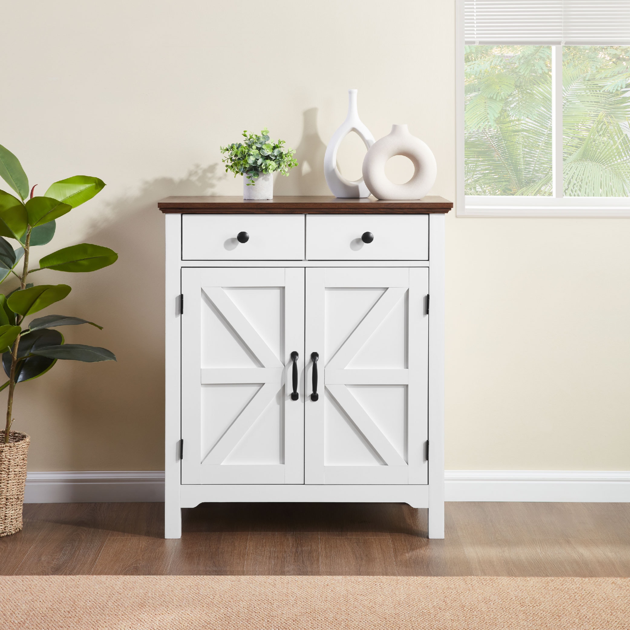 Farmhouse Buffet Cabinet with Drawer and Adjustable Shelf, Rustic White & Honey Brown Storage Cabinet, Barn Door Accent Sideboard for Kitchen, Living 