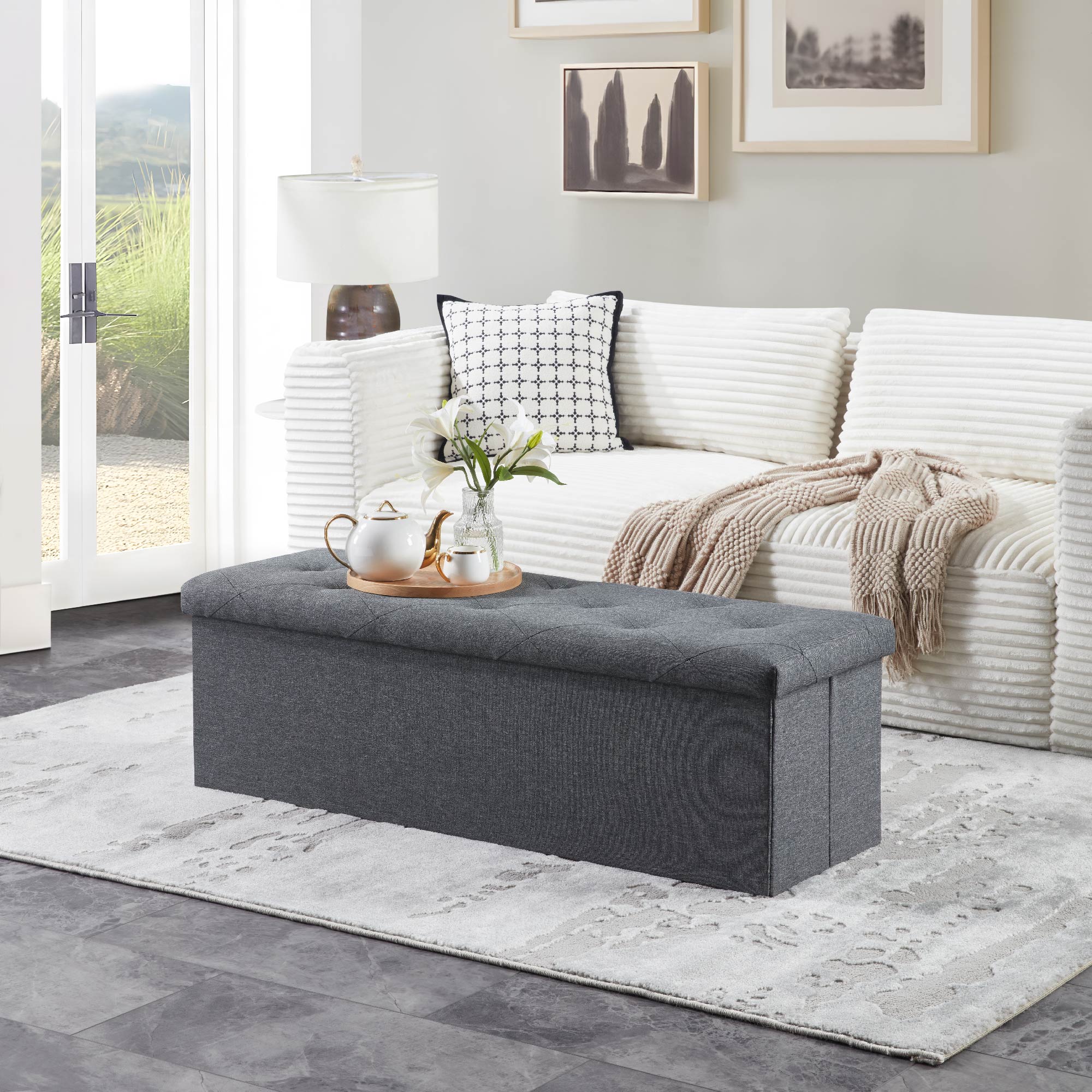 Folding Storage Ottoman Bench, Ottoman Foot Rest, End of Bed Bench, Storage Chest, with Flipping Lid, for Living Room, Bedroom, Entryway, 47 Inches, Gray