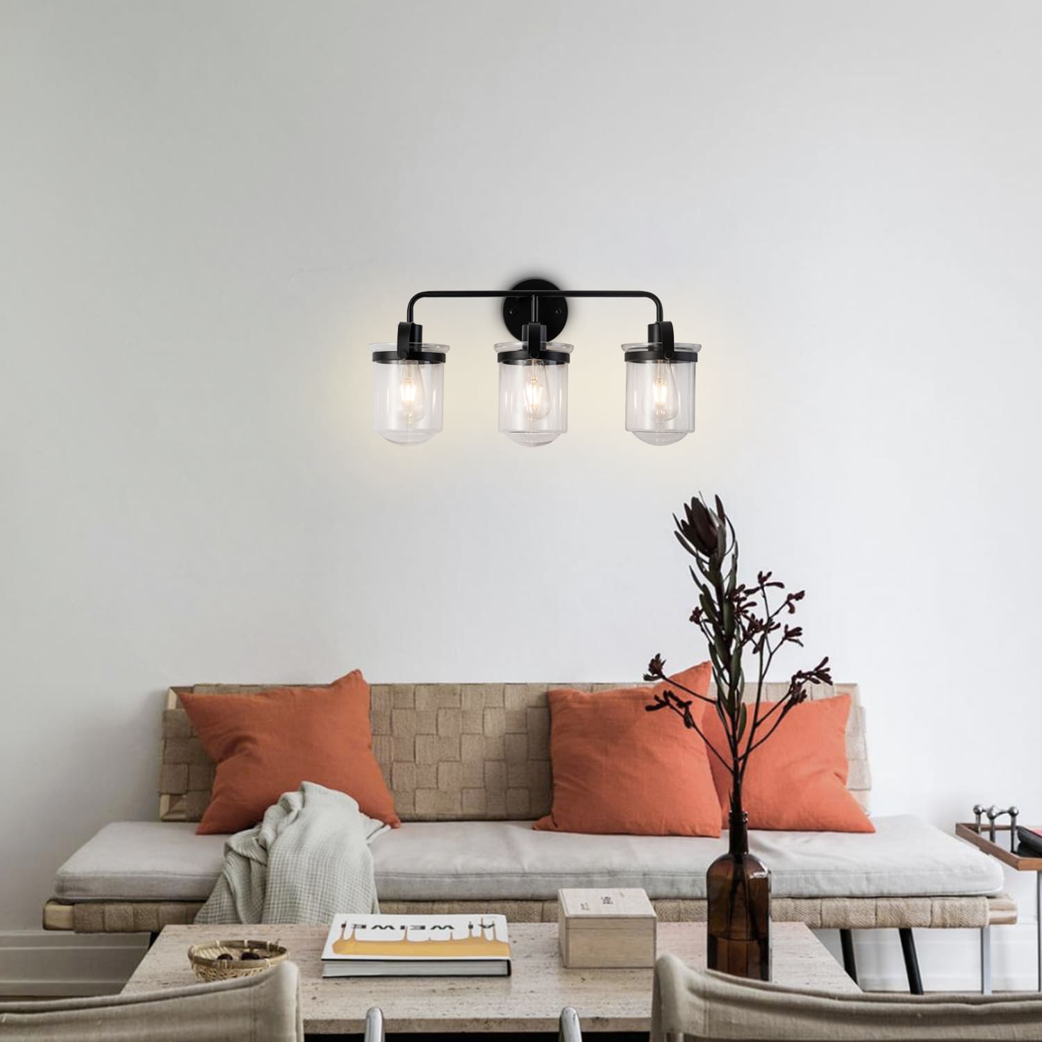 3-Light with Clear Glass Shade，Modern Sconce， Industrial Indoor Light Fixture for Bathroom Living Room Bedroom Over Kitchen Sink，E26 Socket, [No Bulb]