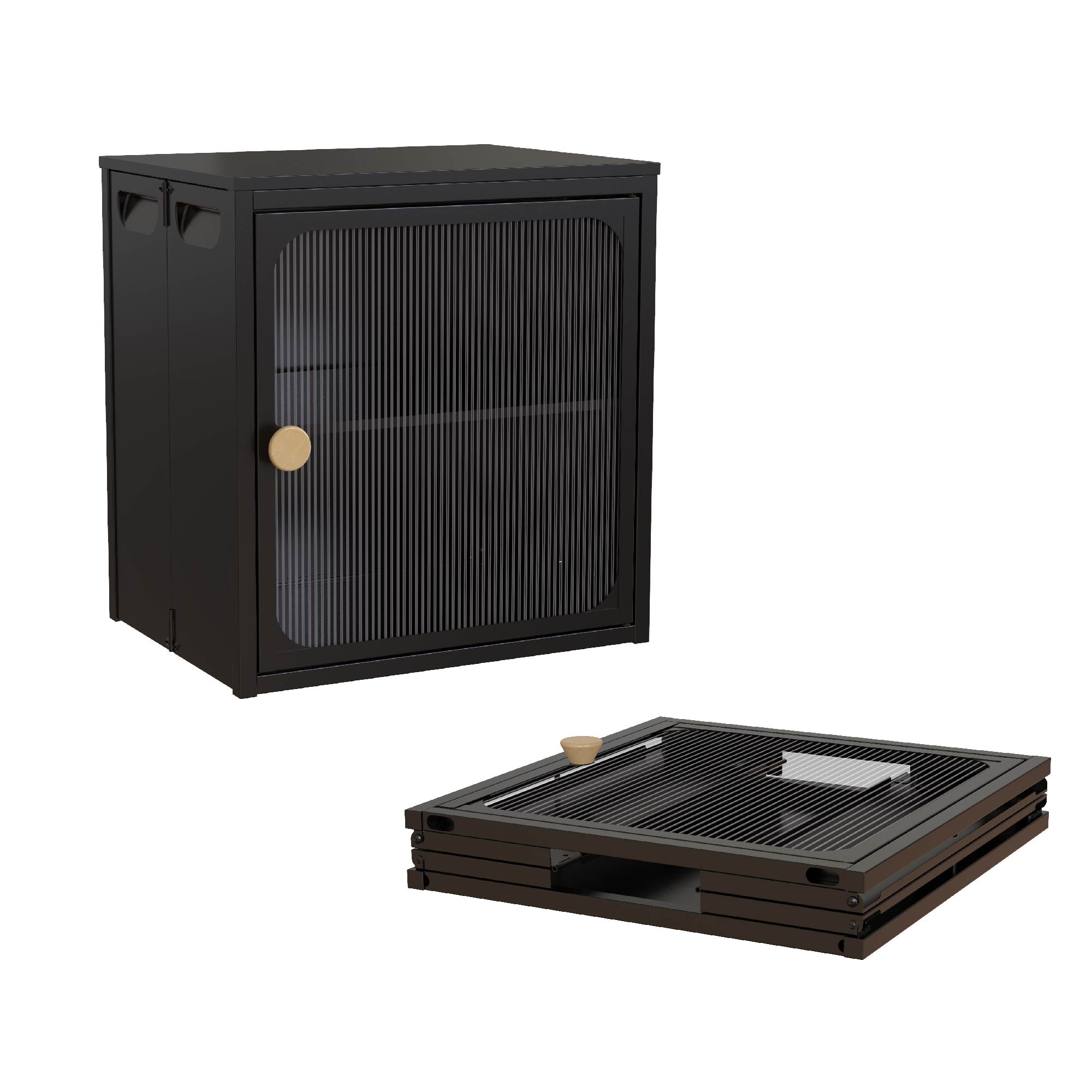 Single Sturdy & Convenient Foldable Cabinet, Durable Steel-Wood Combo with Anti-Slip Design & Quick Fold & Install, Easy to DIY Storage Container with door, Black