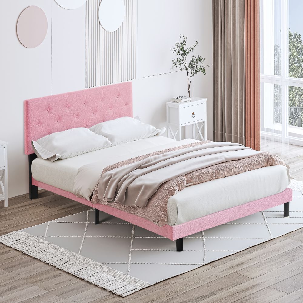 Queen Size Upholstered Platform Bed Frame with Modern Button Tufted Linen Fabric Headboard, No Box Spring Needed, Wood Slat Support, Easy Assembly, pi