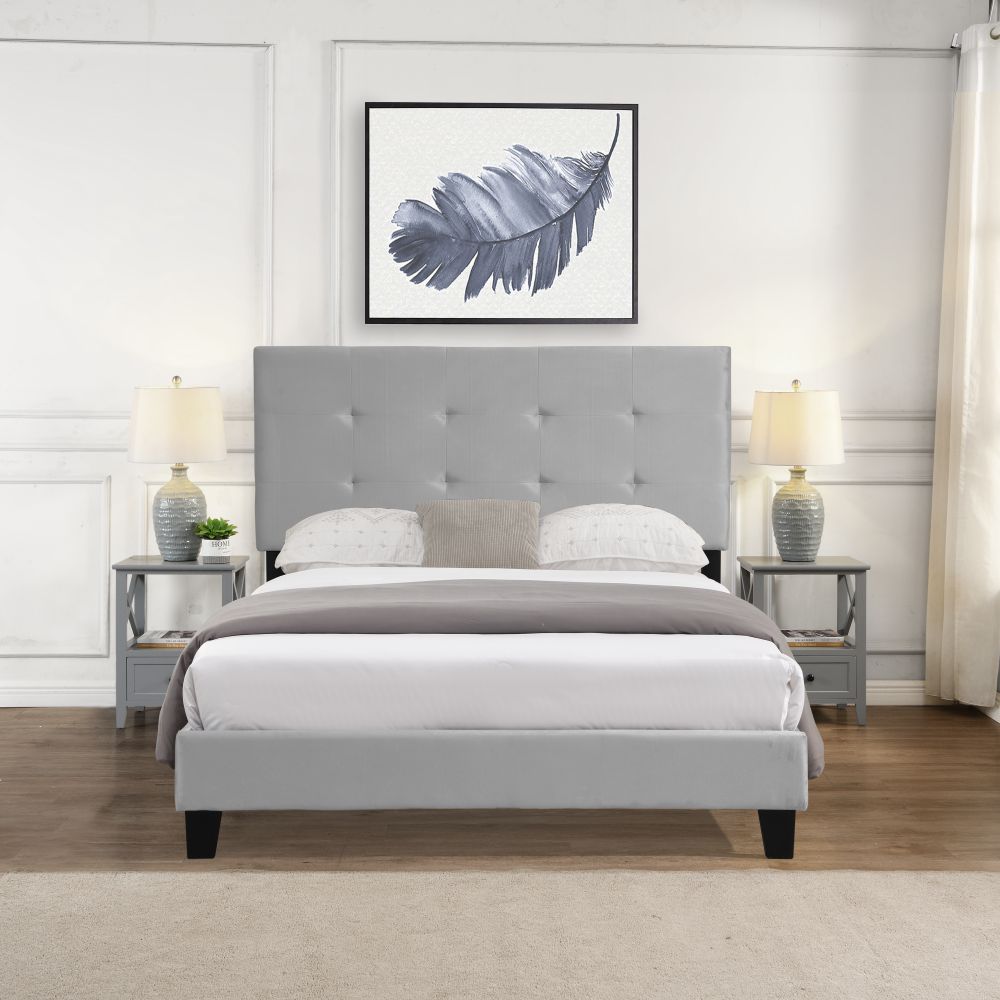 Queen Size Upholstered Platform Bed Frame with pull point Tufted Headboard, Strong Wood Slat Support, Mattress Foundation, No Box Spring Needed, Easy Assembly, Gray