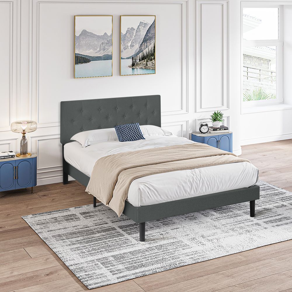 Queen Size Upholstered Platform Bed Frame with Modern Button Tufted Linen Fabric Headboard, No Box Spring Needed, Wood Slat Support, Easy Assembly, Da