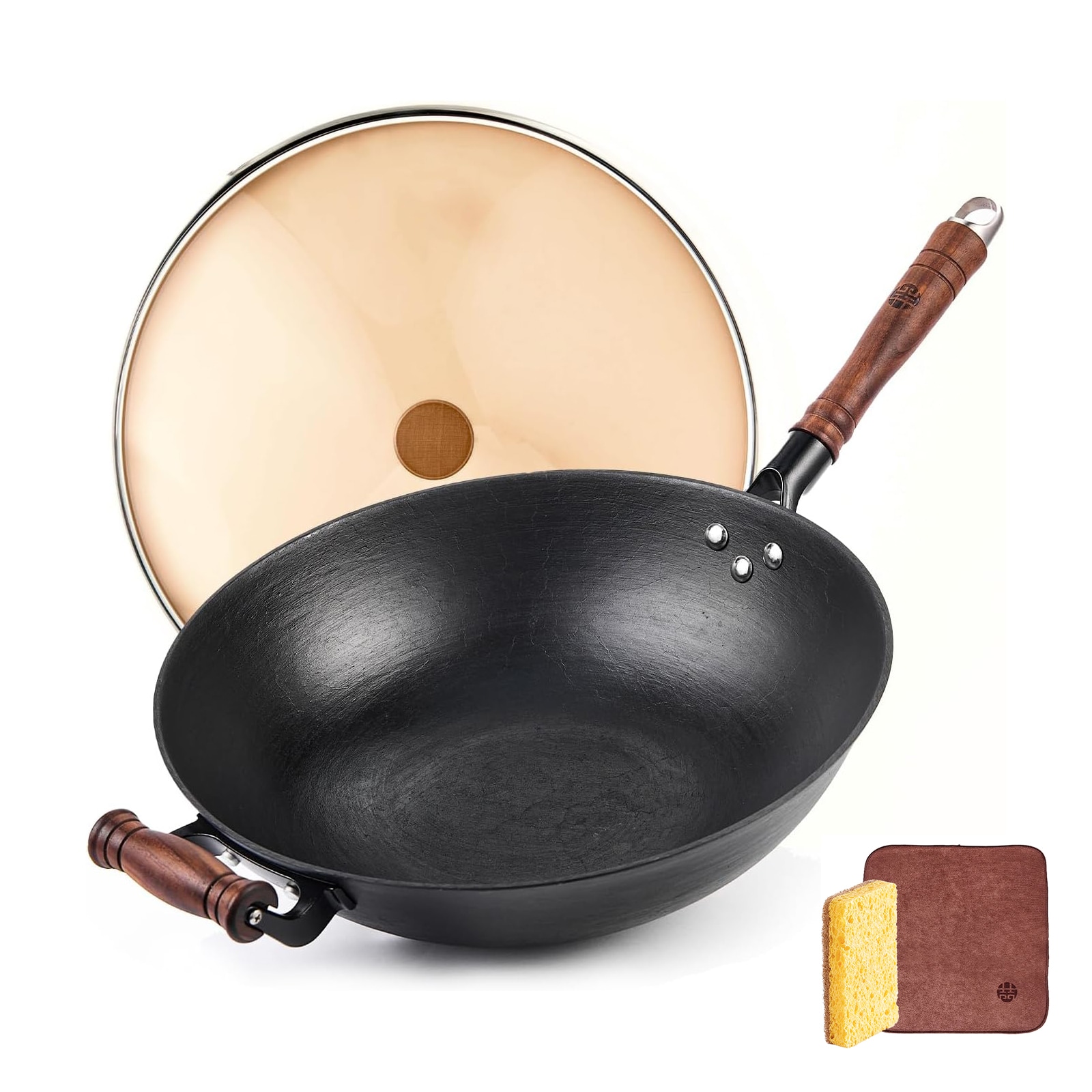 WANGYUANJI 12.59'' Cast Iron Wok, Craft Wok Chinese Wok, Flat Bottom Iron Woks with Glass Lid, Fry Pan Suitable for Induction, Electric, Gas, Halogen 