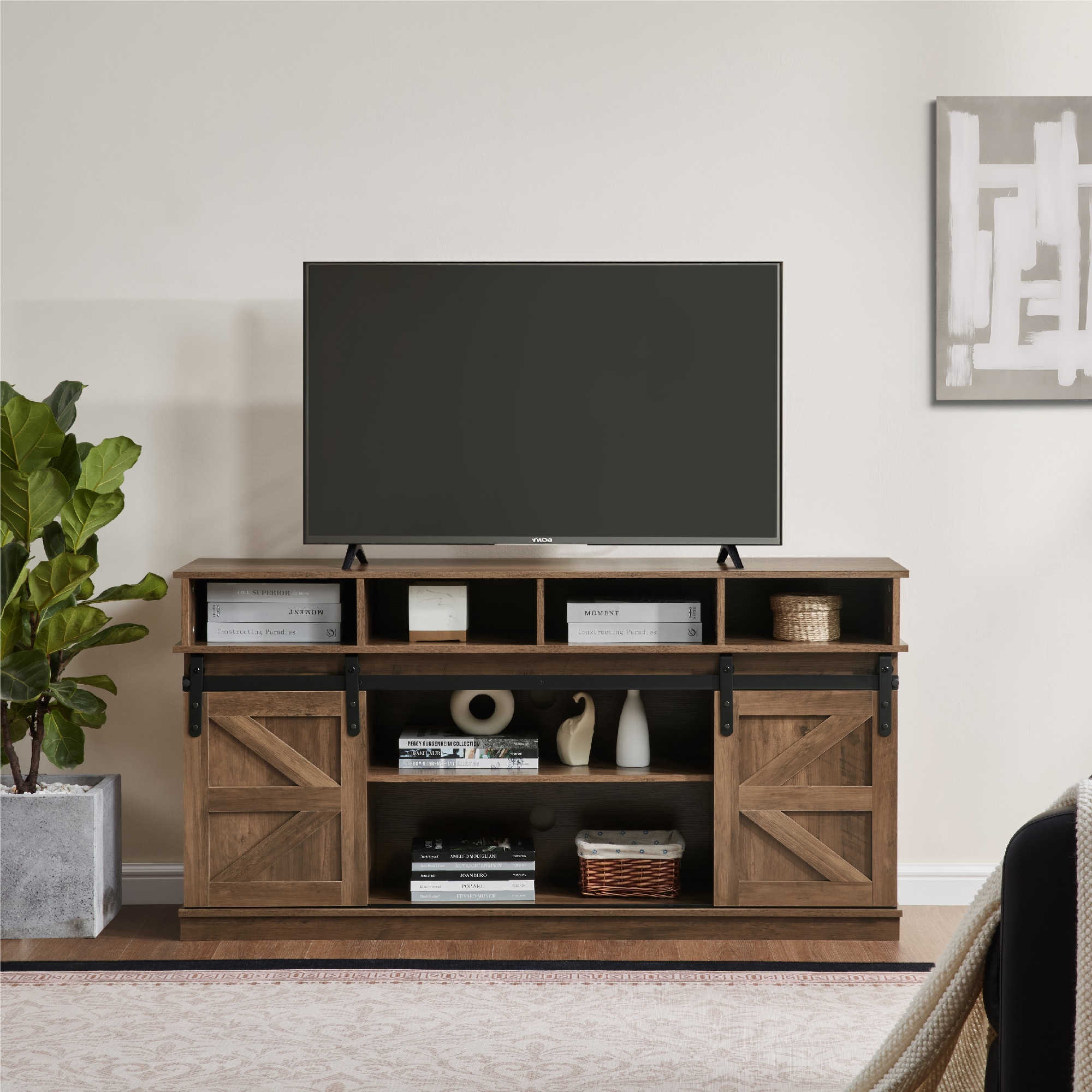 TV Stand Sliding Barn Door Modern&Farmhouse Wood Entertainment Center, Storage Cabinet Table Living Room with Adjustable Shelves for TVs Up to 65