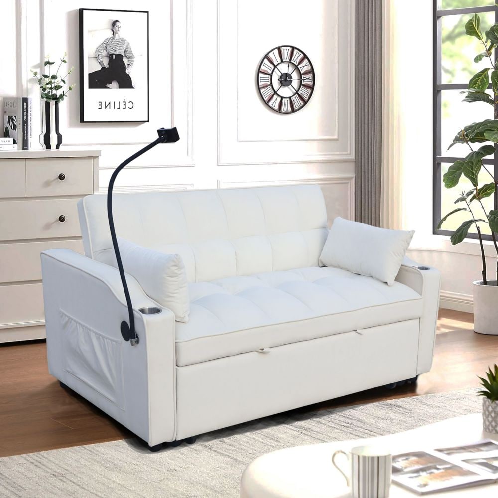 Modern Velvet Loveseat Futon Sofa Couch w/Pullout Bed,Small Love Seat Lounge Sofa with adjustable Reclining Backrest,Toss Pillows, Pockets,Furniture f