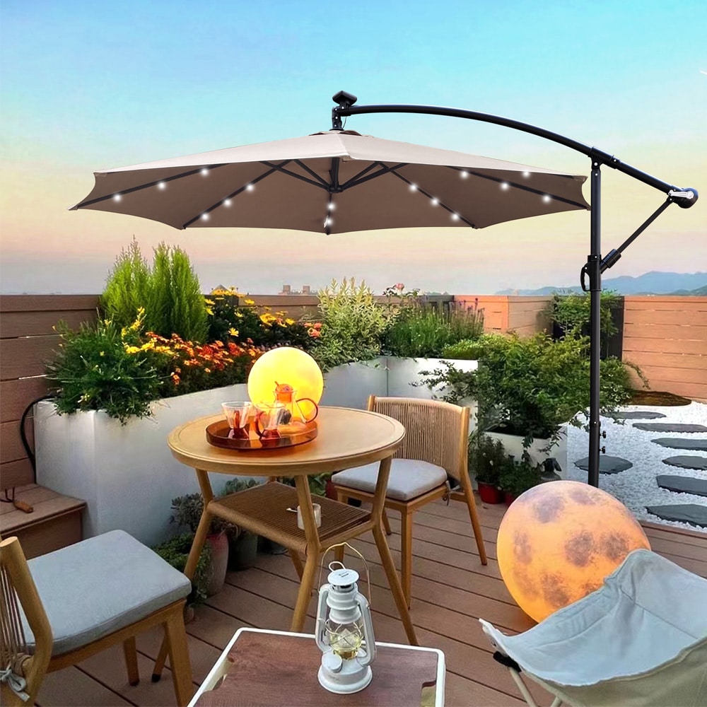 10 ft Outdoor Patio Umbrella Solar Powered LED Lighted Sun Shade Market Waterproof 8 Ribs Umbrella with Crank and Cross Base for Garden Deck Backyard Pool Shade Outside Deck Swimming Pool