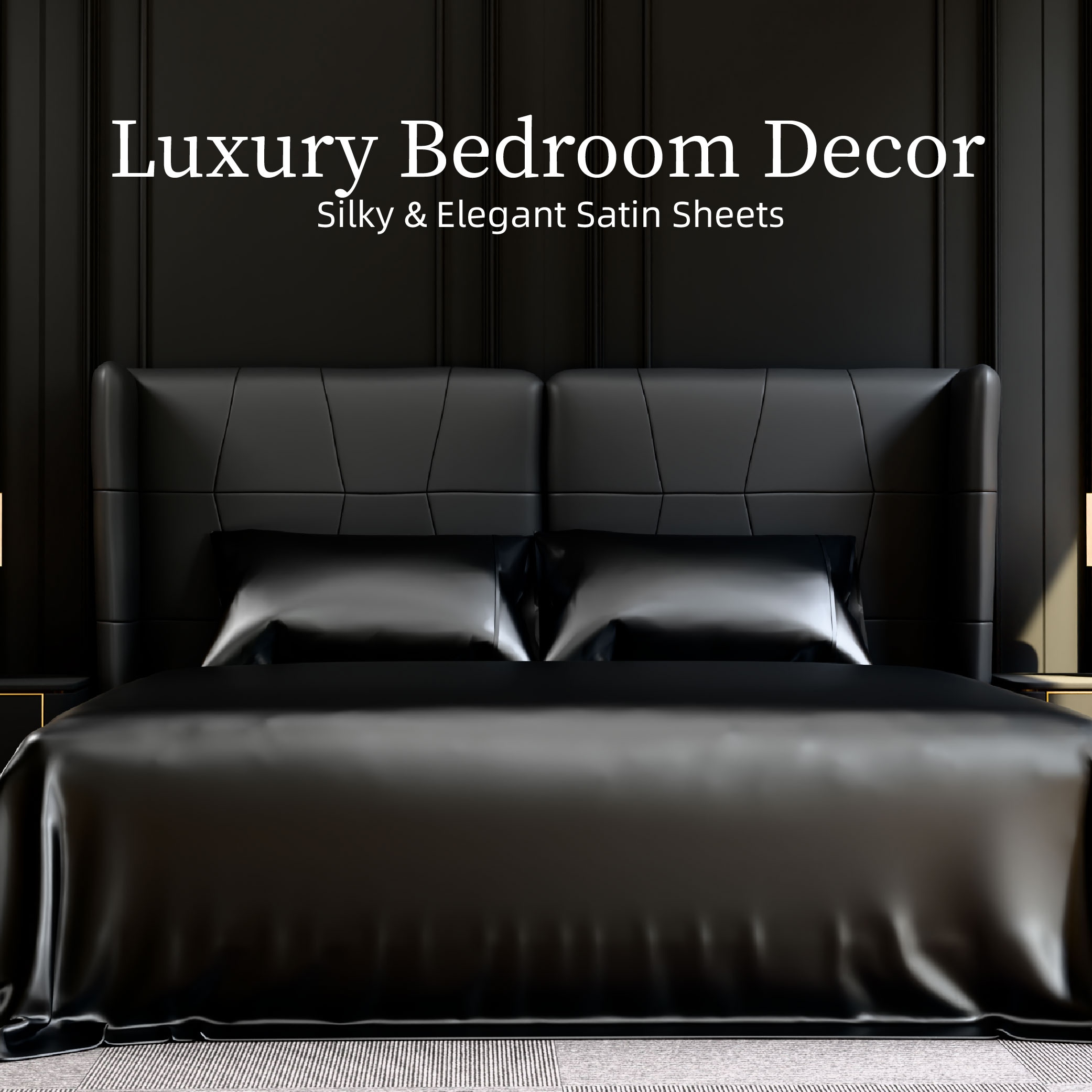 Satin Bed Sheets, King Size Sheets Set, 4 Pcs Silky Bedding Set with 15 Inches Deep Pocket for Mattress (King, Black)