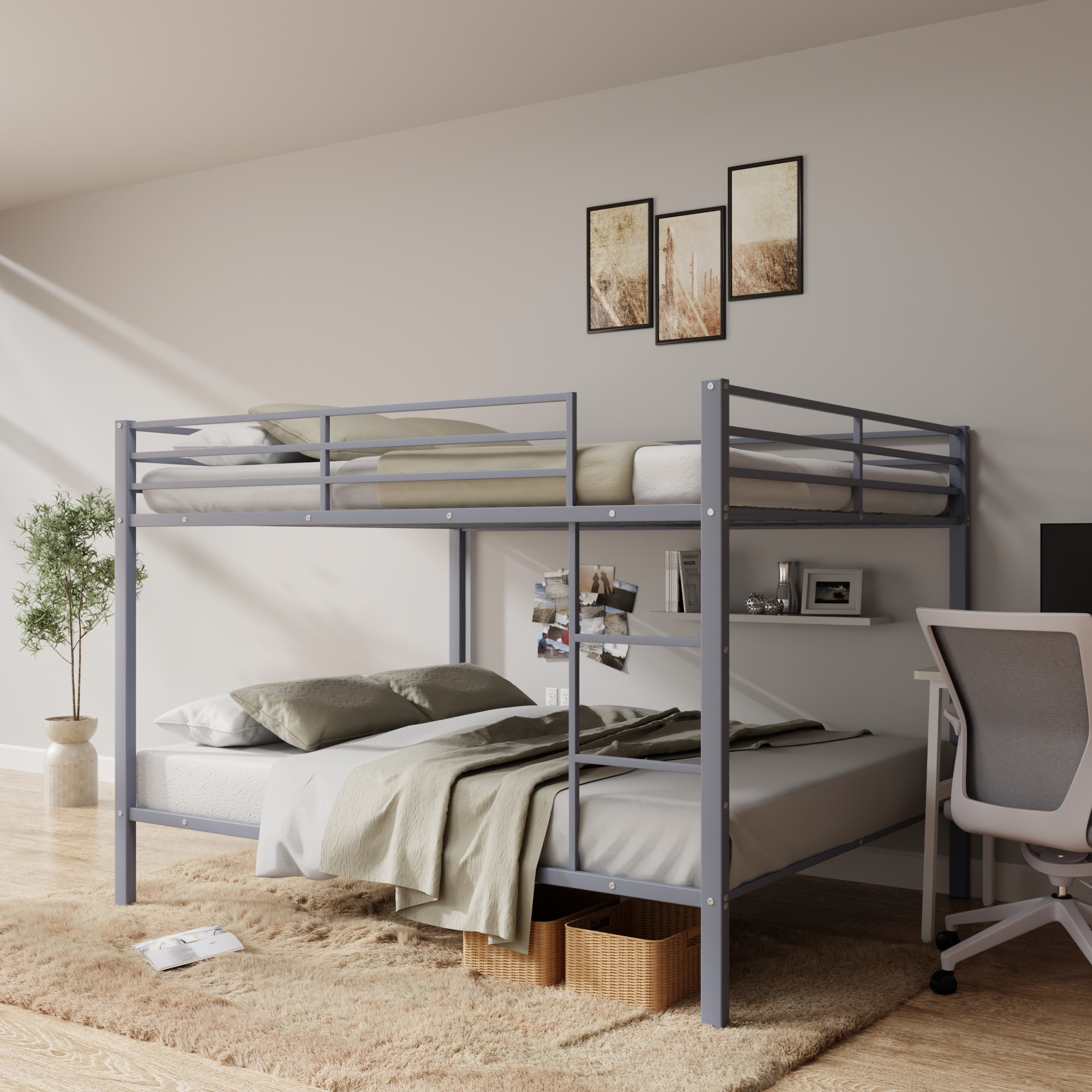 Full Over Full Bunk Bed, Heavy Duty Metal Bunk Bed Frame with Built-in Ladder and Safety Guard Rail, Low Metal Bunk Bed Frame for Kids, No Boxspring R
