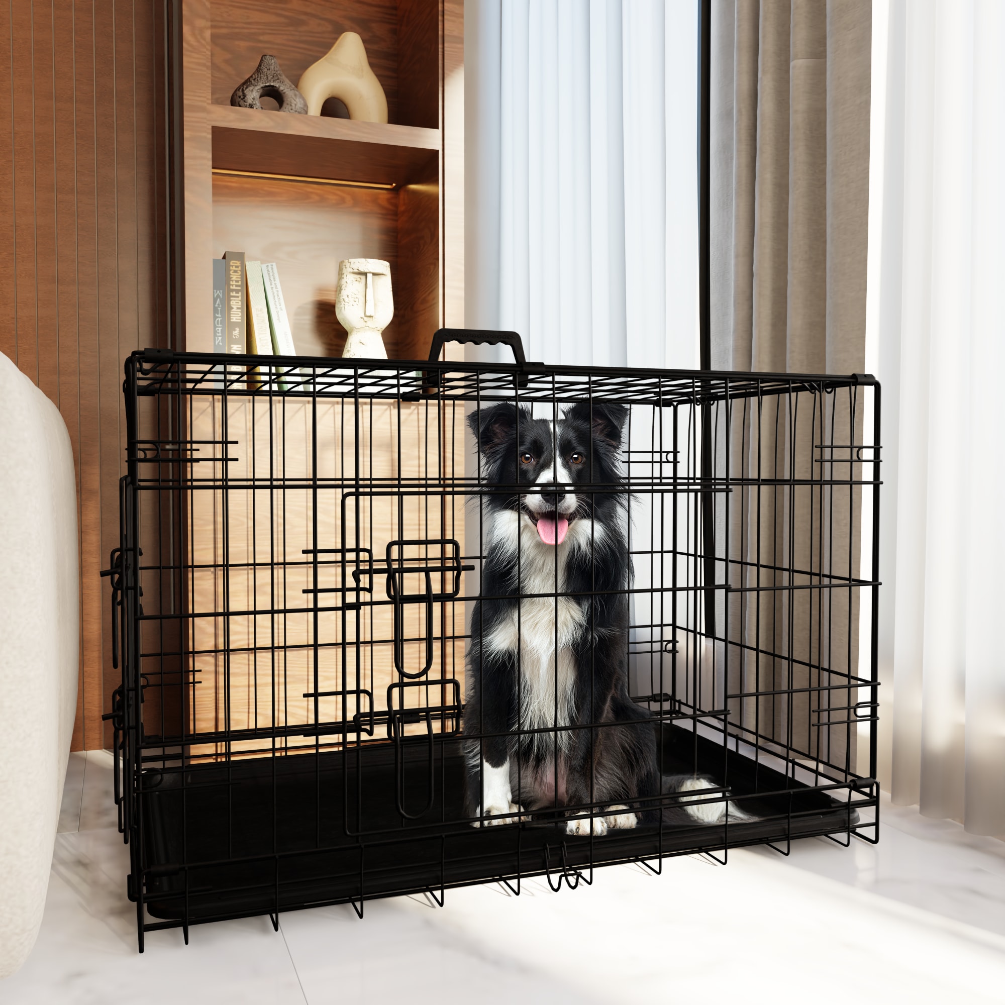 Dog Crate, 42 Inch Large Dog Cage with Divider and Plastic Leak-Proof Pan Tray, Double Door Folding Metal Wire Cage for Indoor, Outdoor, and Travel, M