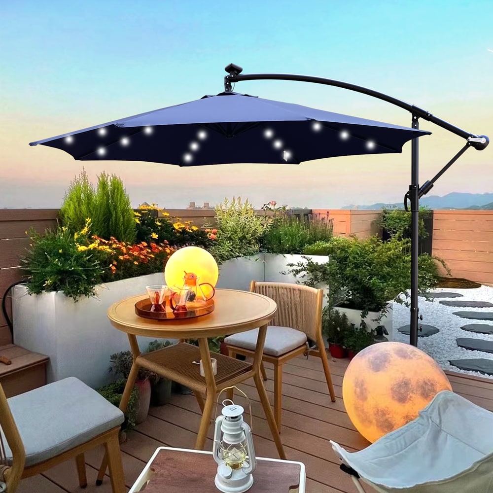 10 ft Outdoor Patio Umbrella Solar Powered LED Lighted Sun Shade Market Waterproof 8 Ribs Umbrella with Crank and Cross Base for Garden Deck Backyard Pool Shade Outside Deck Swimming Pool