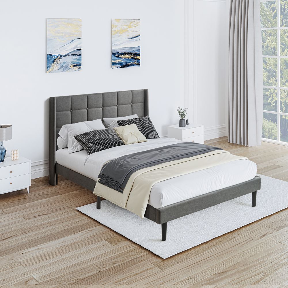Queen Size Upholstered Platform Bed Frame with Modern Button Tufted Linen Fabric Headboard, No Box Spring Needed, Wood Slat Support, Easy Assembly, Dr