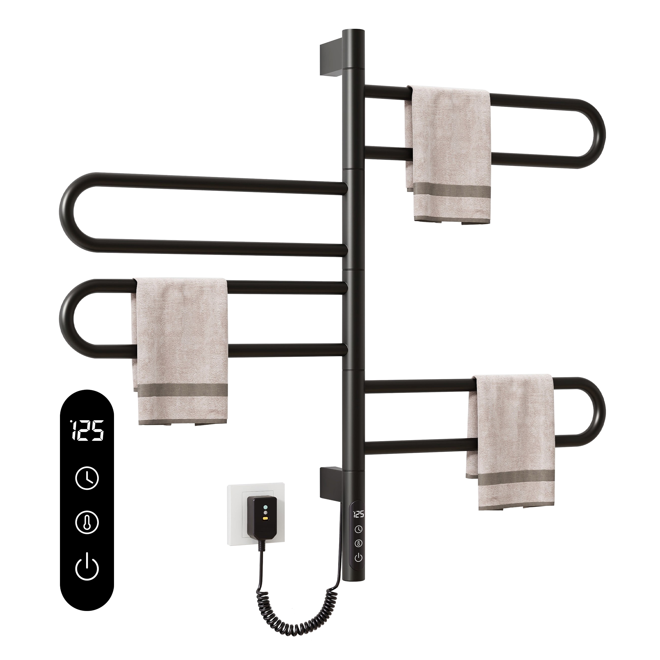 SIOYIE Electric Towel Warmer 180° Rotating Heated Towel Rack with 1-9H Timer 115℉-155℉,90W Wall-Mounted 5 Bars Electric Towel Rail, Concealed Installa