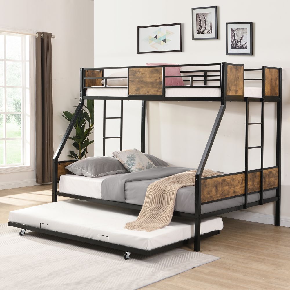 Twin Over FULL Metal Bunk Bed with Trundle 2 - Side Ladder and Full-Length Guardrail, No Box Spring Needed, Large Under Bed Storage, Easy Assemble , B