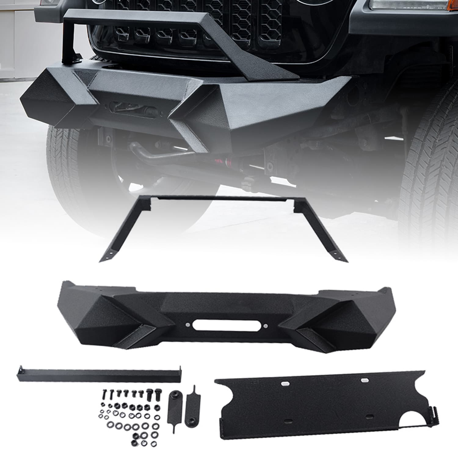 X Style Front Bumper with Winch Plate Compatible with Wrangler JK (2007-2018) (2018+)- Heavy Duty Black Textured Manganese Steel Construction, Perfect