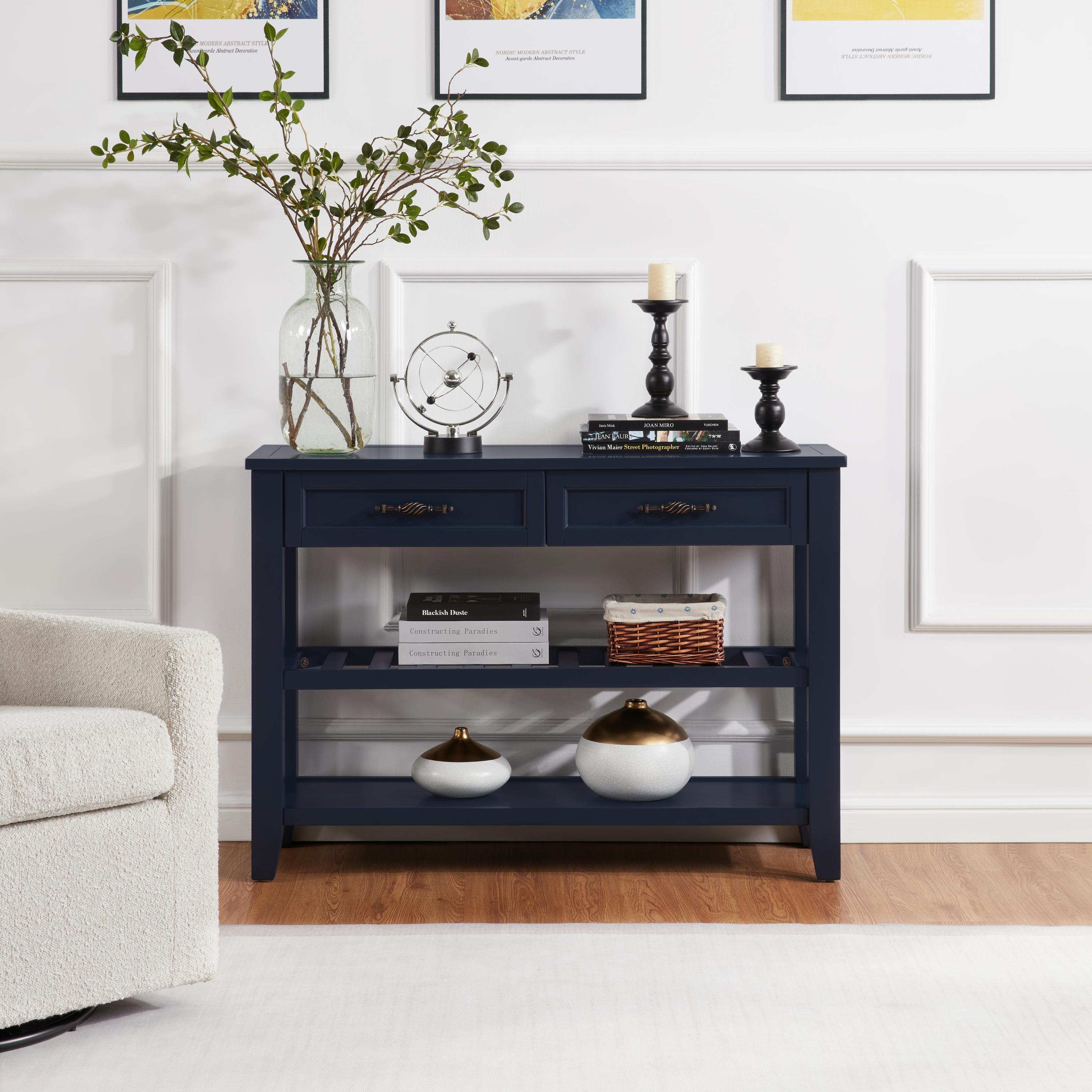 Retro Design Console Table with Two Open Shelves, Pine Solid Wood Frame and Legs for Living Room