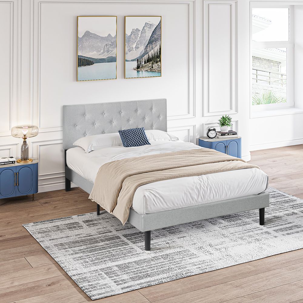 Queen Size Upholstered Platform Bed Frame with Modern Button Tufted Linen Fabric Headboard, No Box Spring Needed, Wood Slat Support, Easy Assembly, Gr