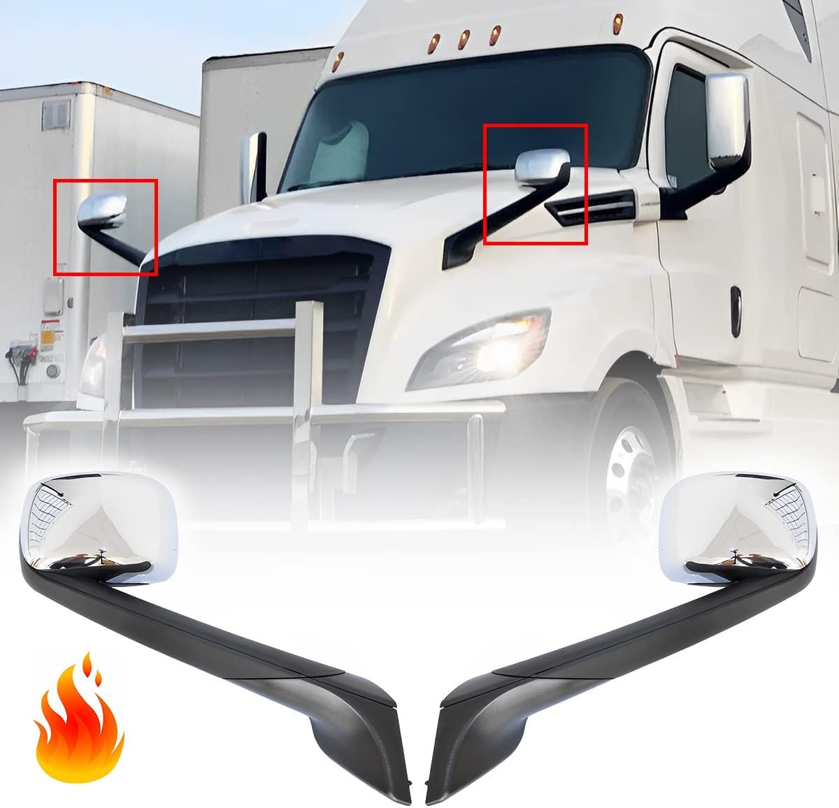 Pair Chrome Hood Mirrors Fit for New Freightliner Cascadia 2018+, Hood Mirrors Assembly with Heater, Left Driver & Right Passenger Side