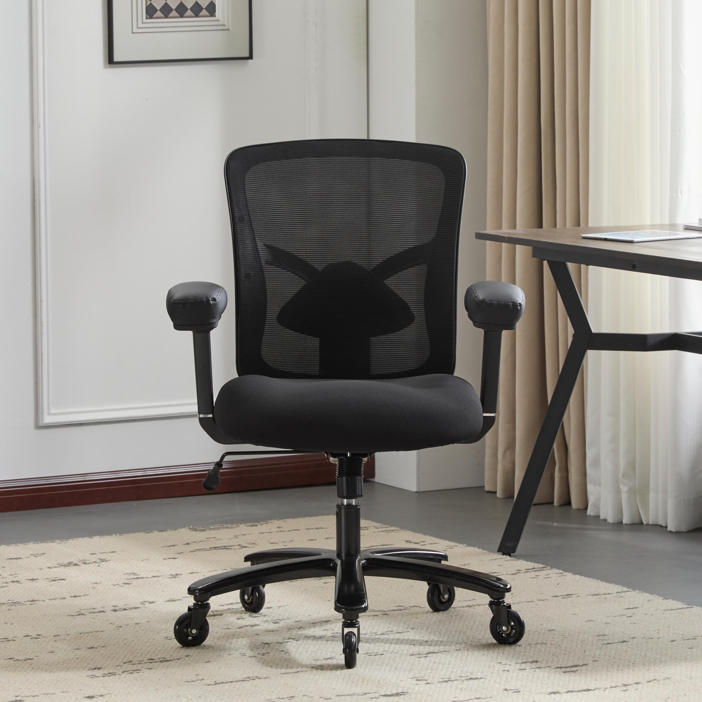 500 LBS Big and Tall Mesh Office Chair, Ergonomic Wide Seat Desk Chair with 4D Armrests, Adjustable Lumbar Support, Metal Base Silent Casters，Black.