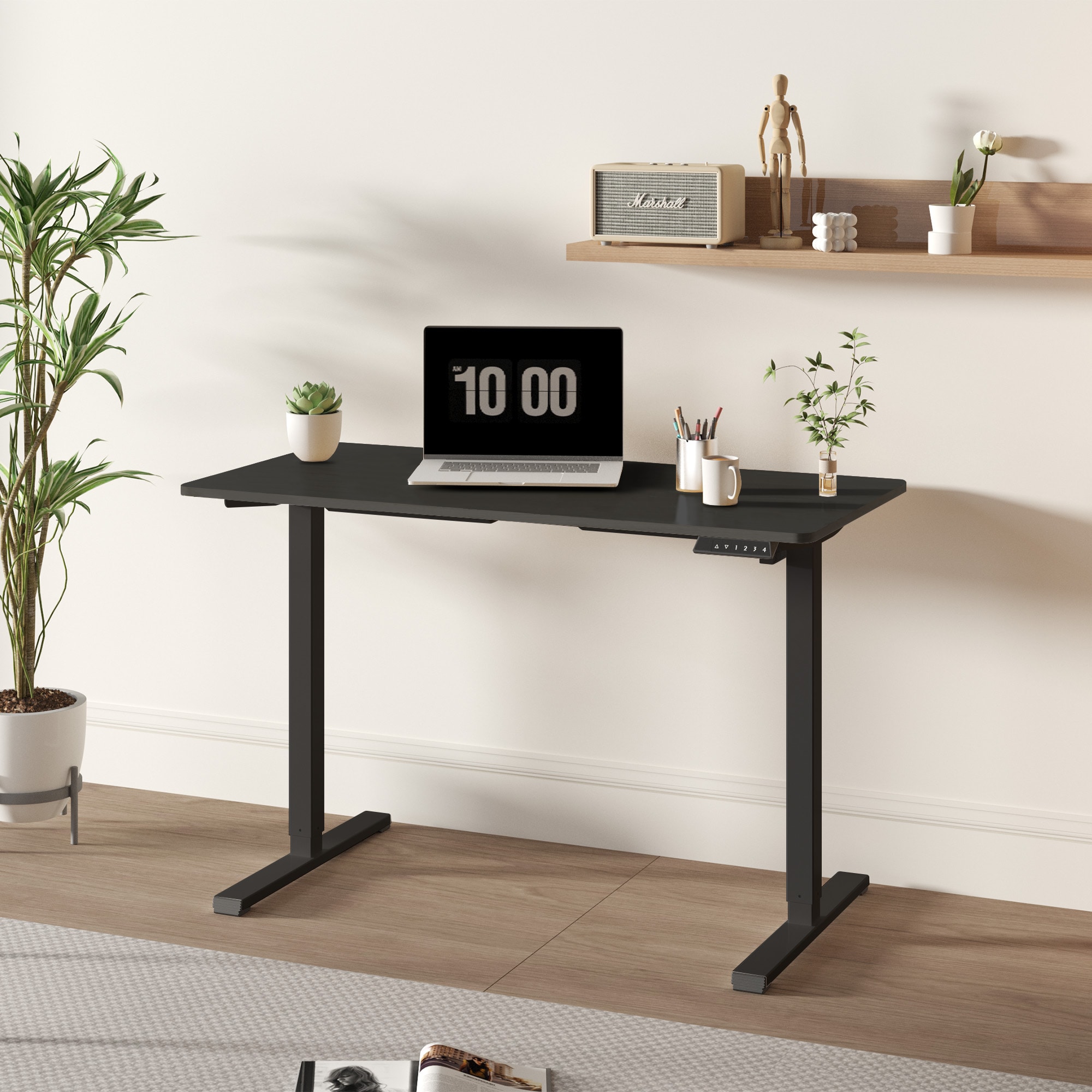 Electric Standing Desk Whole Piece Adjustable Height Desk Home Office Computer Workstation Sit Stand up Desk (Black Frame + Black Top)