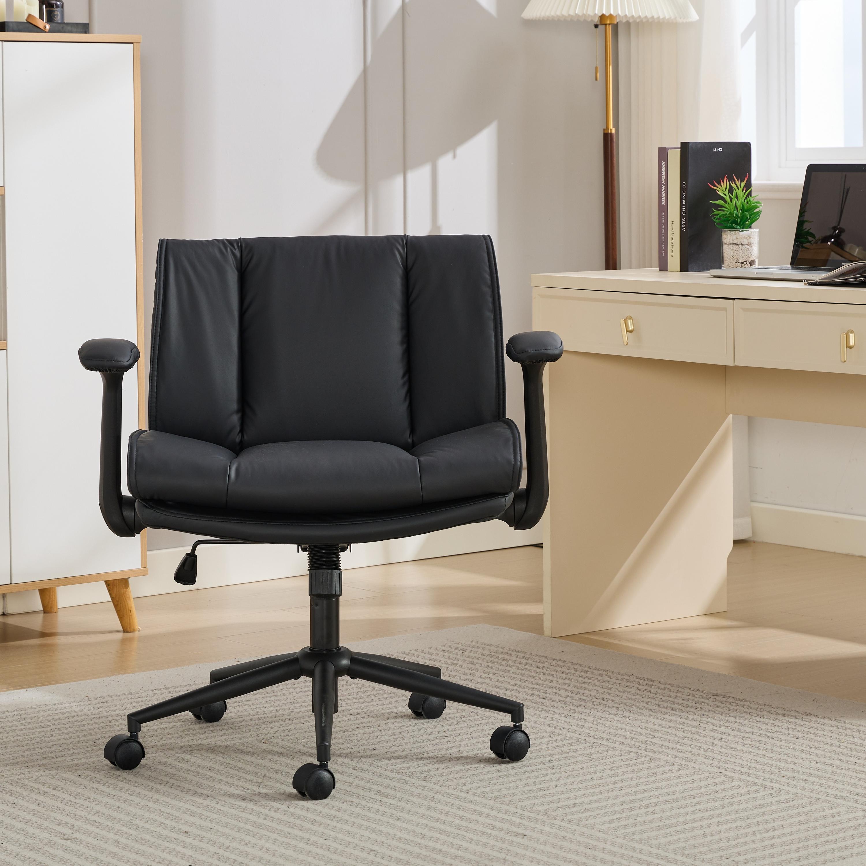 Cross Legged Chair with Flip-Up Armrests Leather, Cross Legged Office Chair on Wheels, Comfy Swivel Chair with Wide Seat for Home Office, Vanity, Ergo