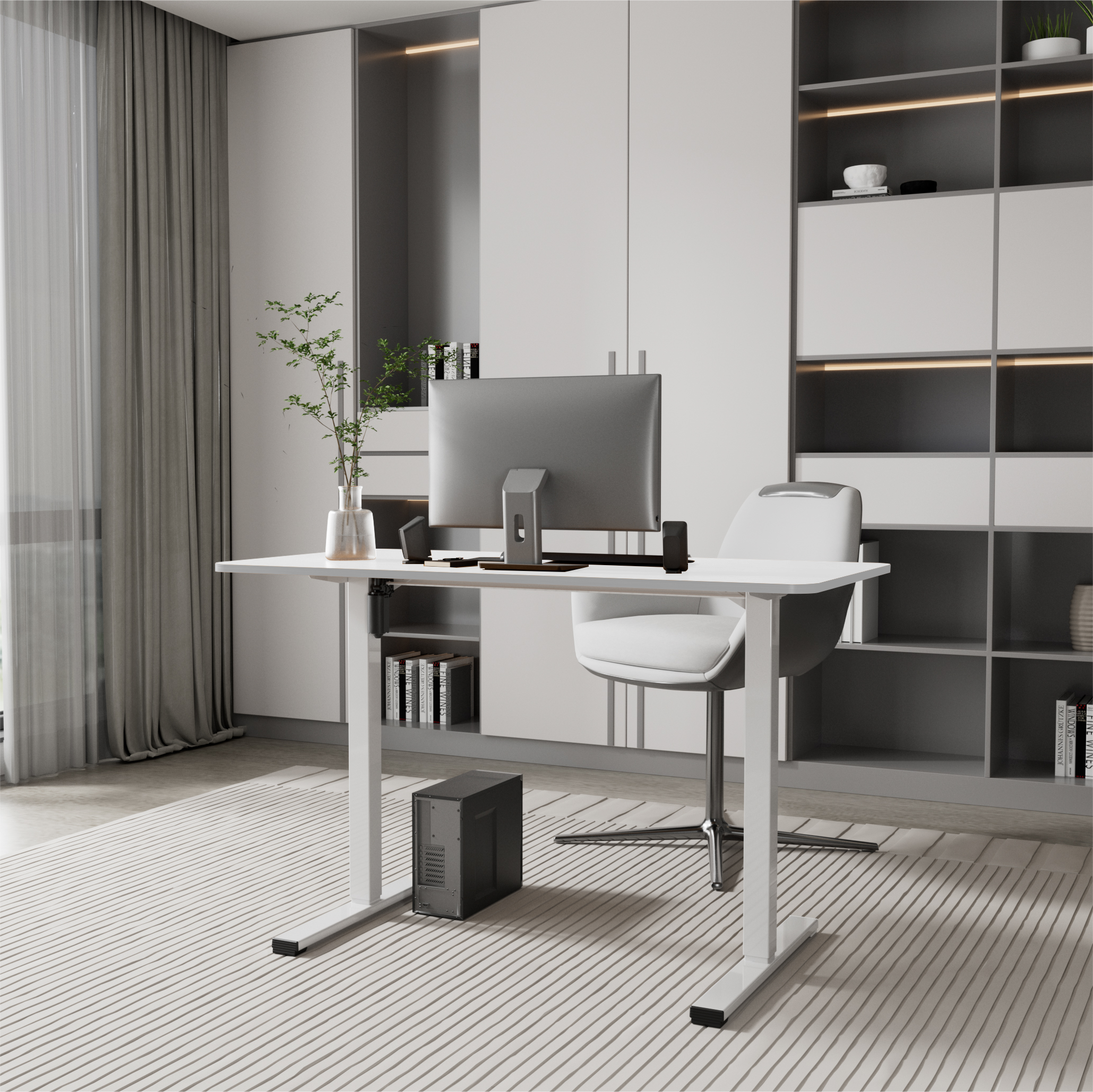 Electric Standing Desk Whole Piece Adjustable Height Desk Home Office Computer Workstation Sit Stand up Desk (White Frame + White Top)