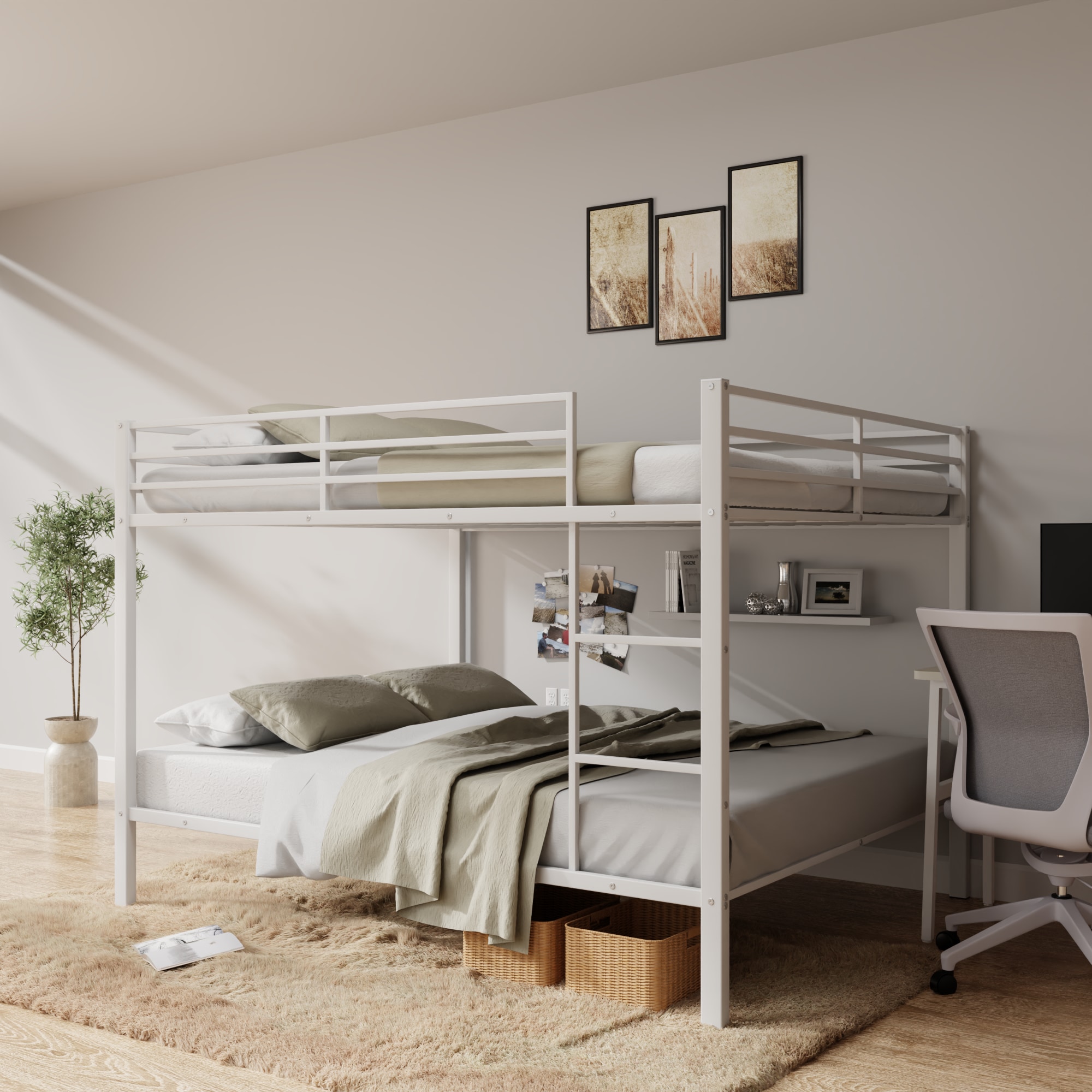 Full Over Full Bunk Bed, Heavy Duty Metal Bunk Bed Frame with Built-in Ladder and Safety Guard Rail, Low Metal Bunk Bed Frame for Kids, No Boxspring R
