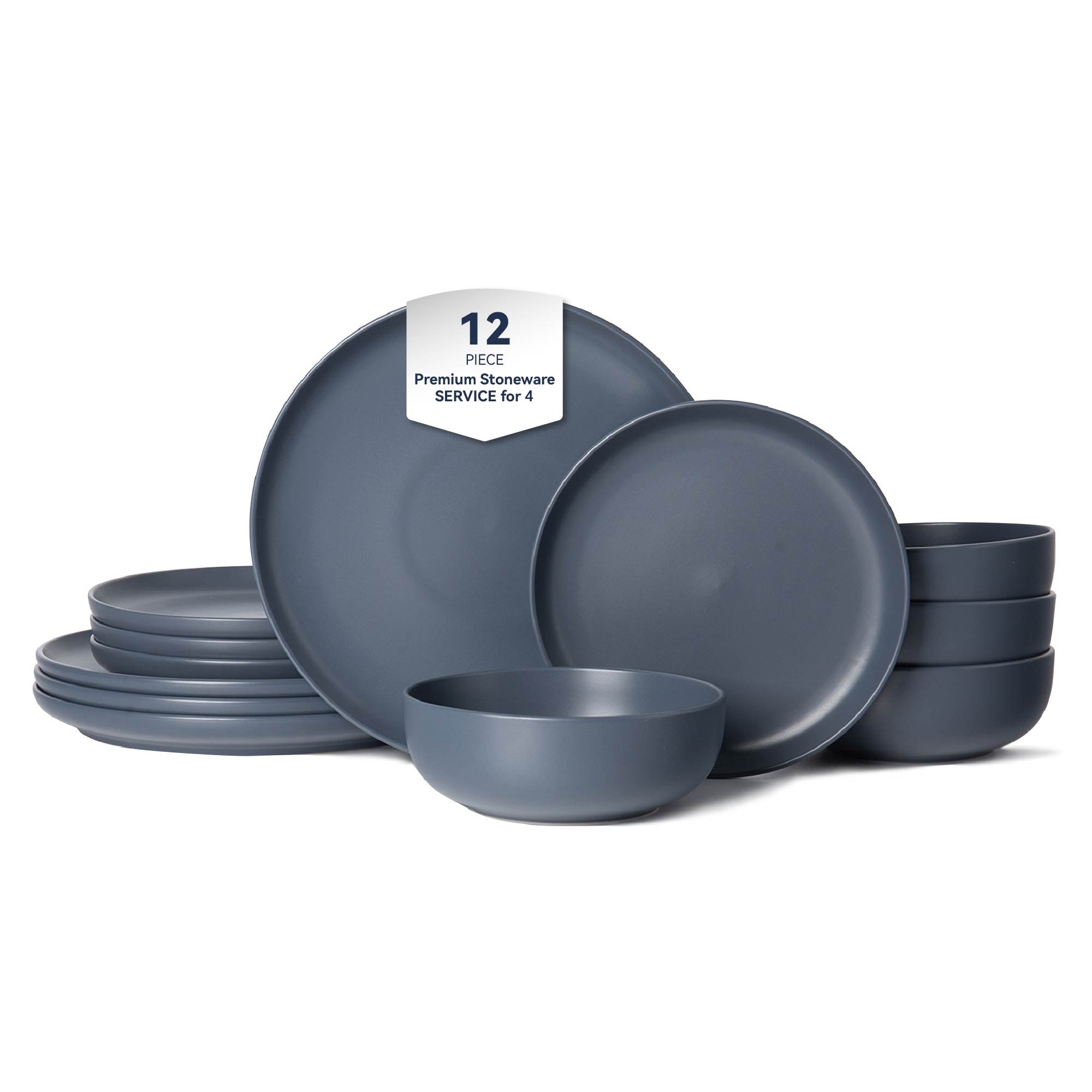 12-Piece Stoneware Dinner Plates Bowls Sets | Microwave & Dishwasher Safe | Non-Toxic Dinner Plates Bowls Set | Stackable Matte Glaze Kitchenware for 