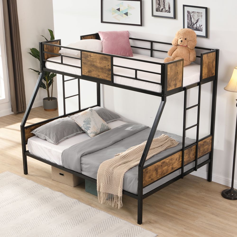 Twin Over FULL Metal Bunk Bed with 2 - Side Ladder and Full-Length Guardrail, No Box Spring Needed, Large Under Bed Storage, Easy Assemble , Black & B
