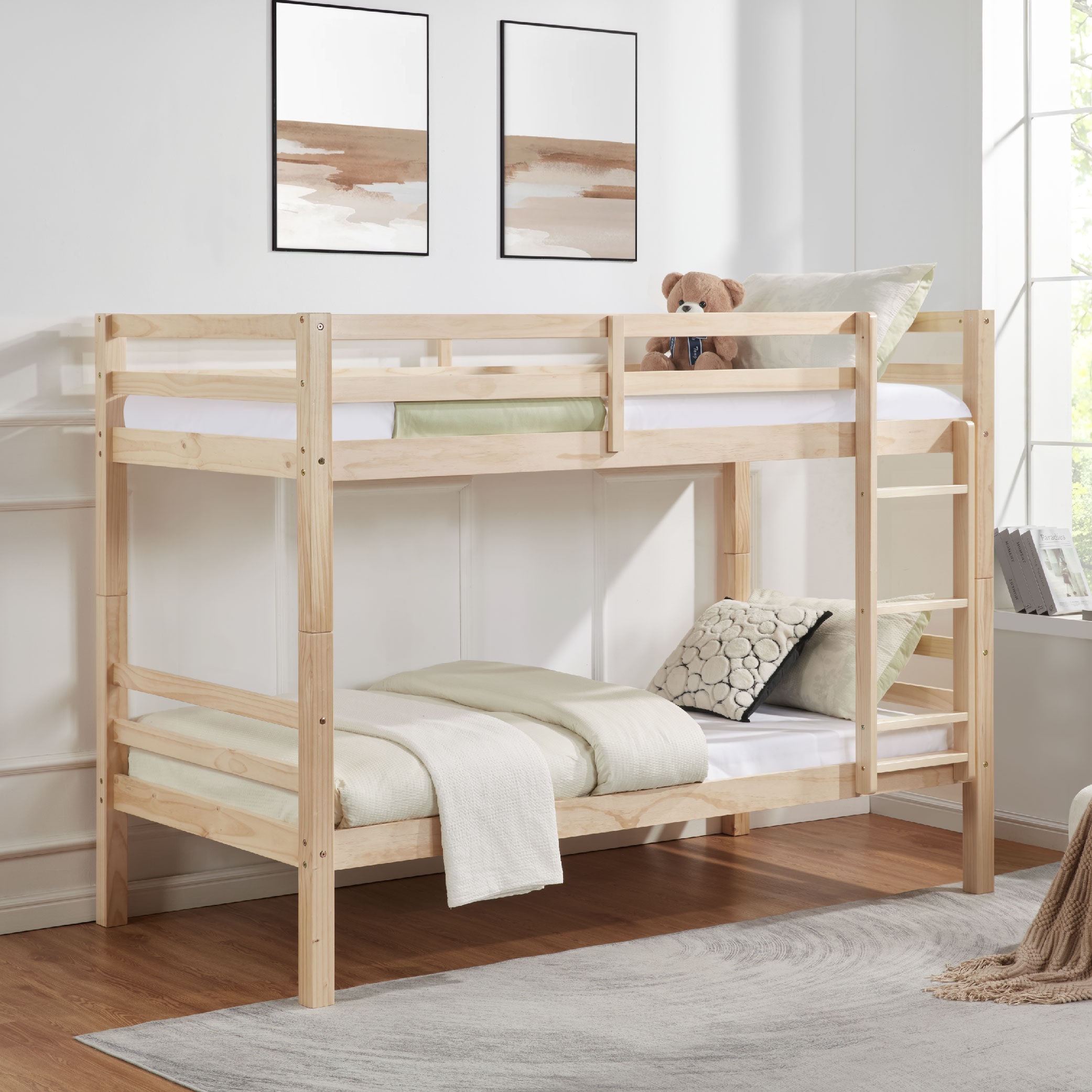 Twin over Twin Bunk Bed with Thick Posts,Wooden Bunk Bed with High Guardrail and Ladder for Kids, Teens, Dorm Rooms, and Guest Rooms,No Box Spring Nee