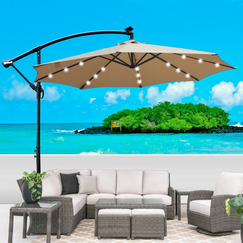 10 ft Outdoor Patio Umbrella Solar Powered LED Lighted Sun Shade Market Waterproof 8 Ribs Umbrella with Crank and Cross Base for Garden Deck Backyard Pool Shade Outside Deck Swimming Pool