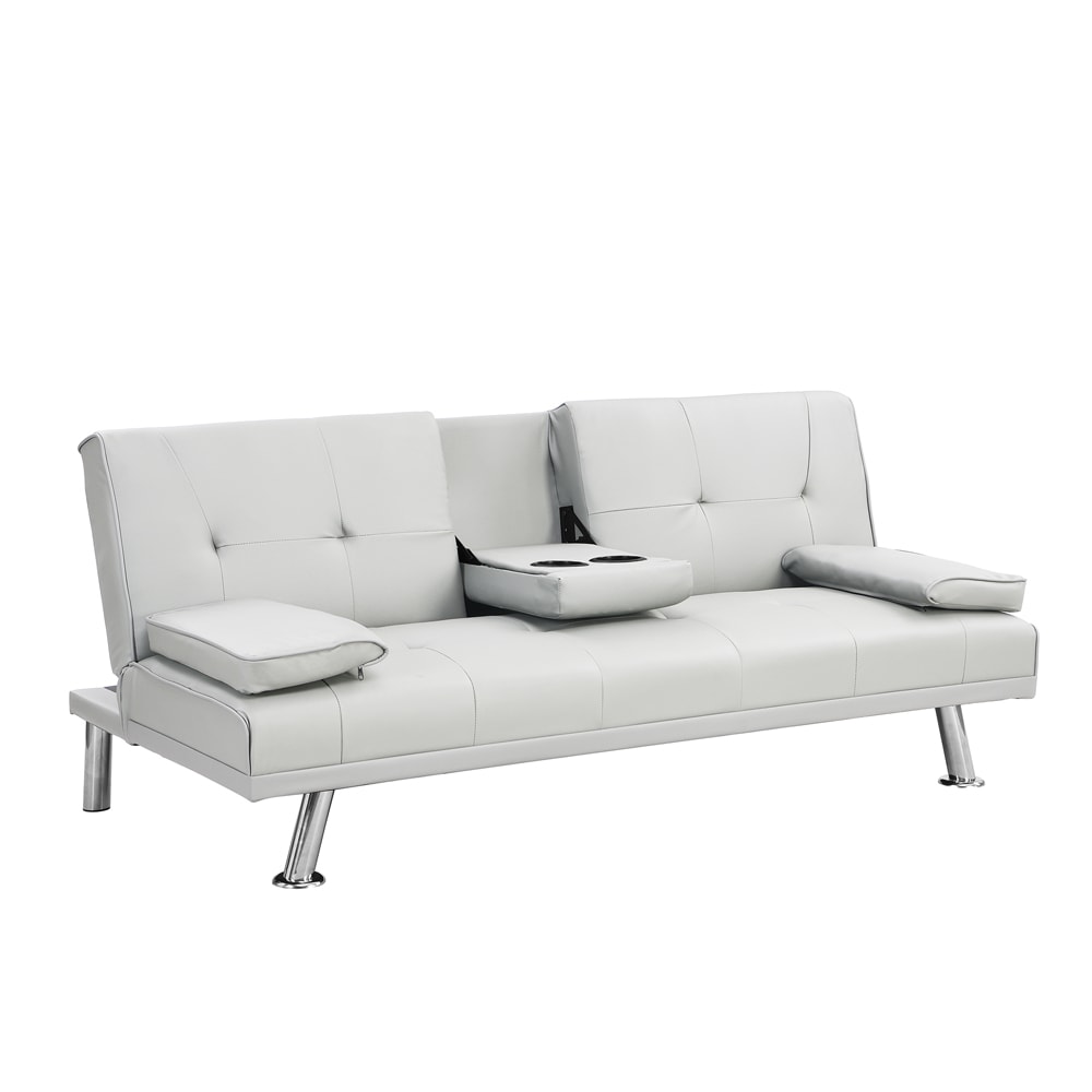 Sofa Bed with Armrest two holders WOOD FRAME, STAINLESS LEG, FUTON WHITE PVC