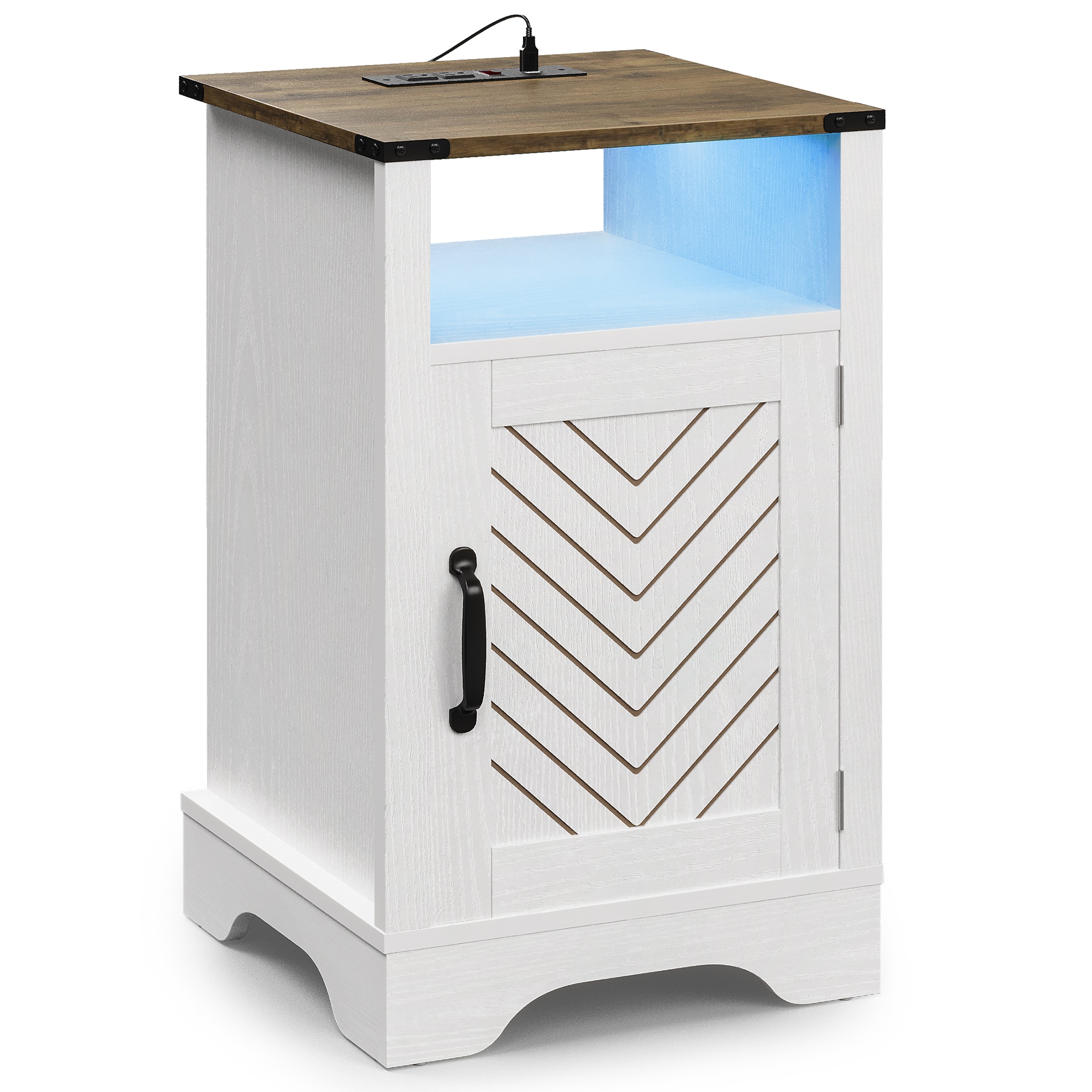 LED Nightstand with Charging Station, Farmhouse Wooden Side Table, Bedside Table with Storage Cabinet and Shelf, Rustic End Table for Bedroom, Living 