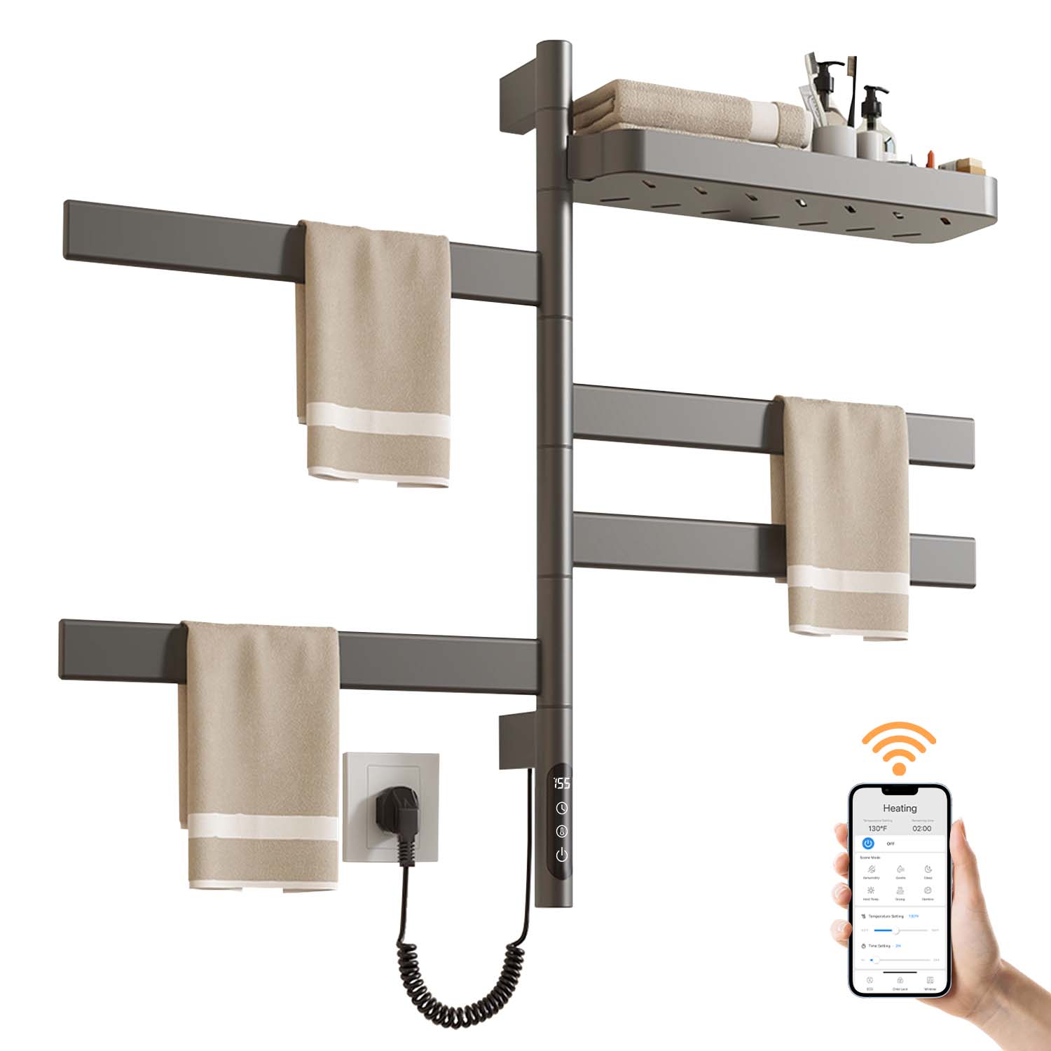 SIOYIE Smart Rotating Heated Towel Rack for Bathroom, Wall-Mounted Electric Towel Dryer with Swivel Bars & Shelf, Smart Timer, Low Carbon Steel, Plug-in/Hardwired, Towel Warmer with Wi-Fi App Control