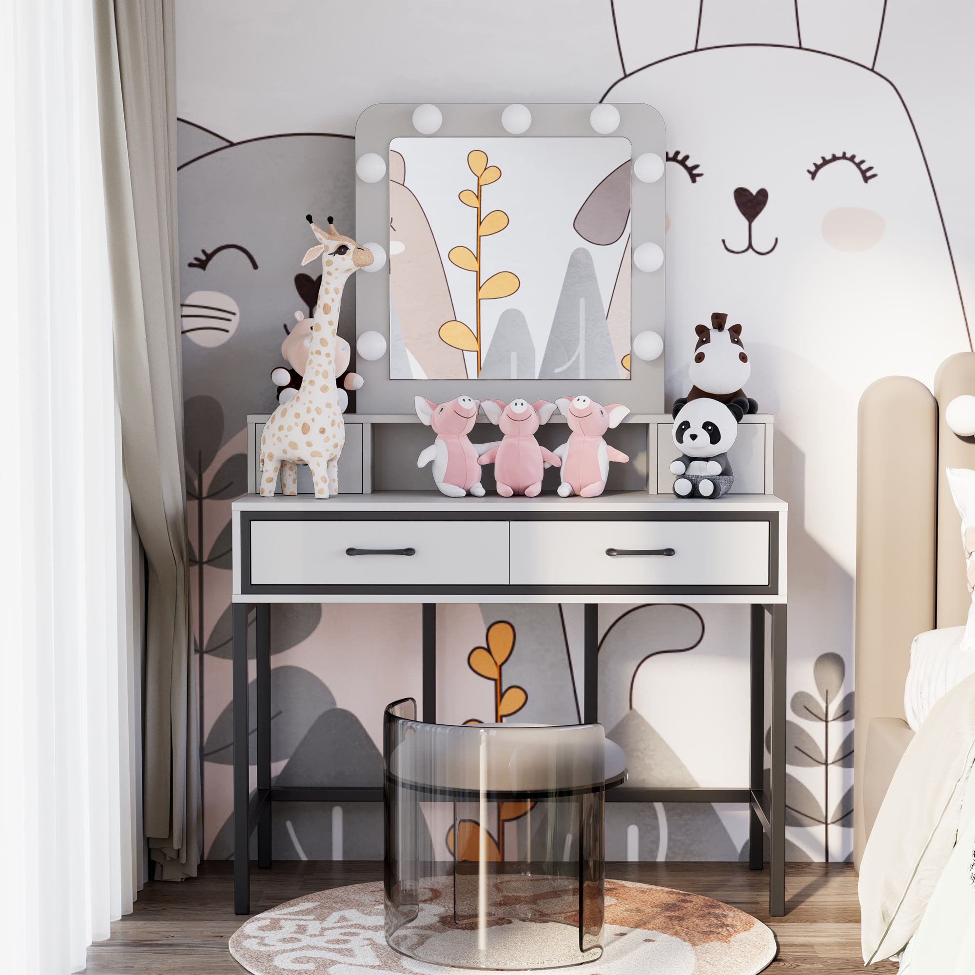 Vanity Desk with Mirror and Lights, Makeup Vanity with 3 Color Dimmable Lighted Hollywood Mirror, White Makeup Table with 4 Drawers, Large Dressing Ta