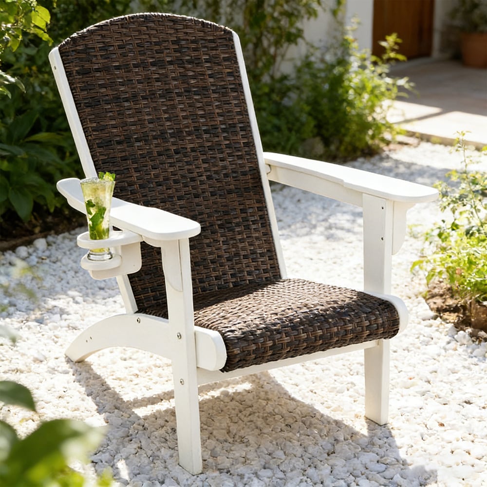 Patio Adirondack Chair with Rattan Padded Seat and Hidden Cupholder