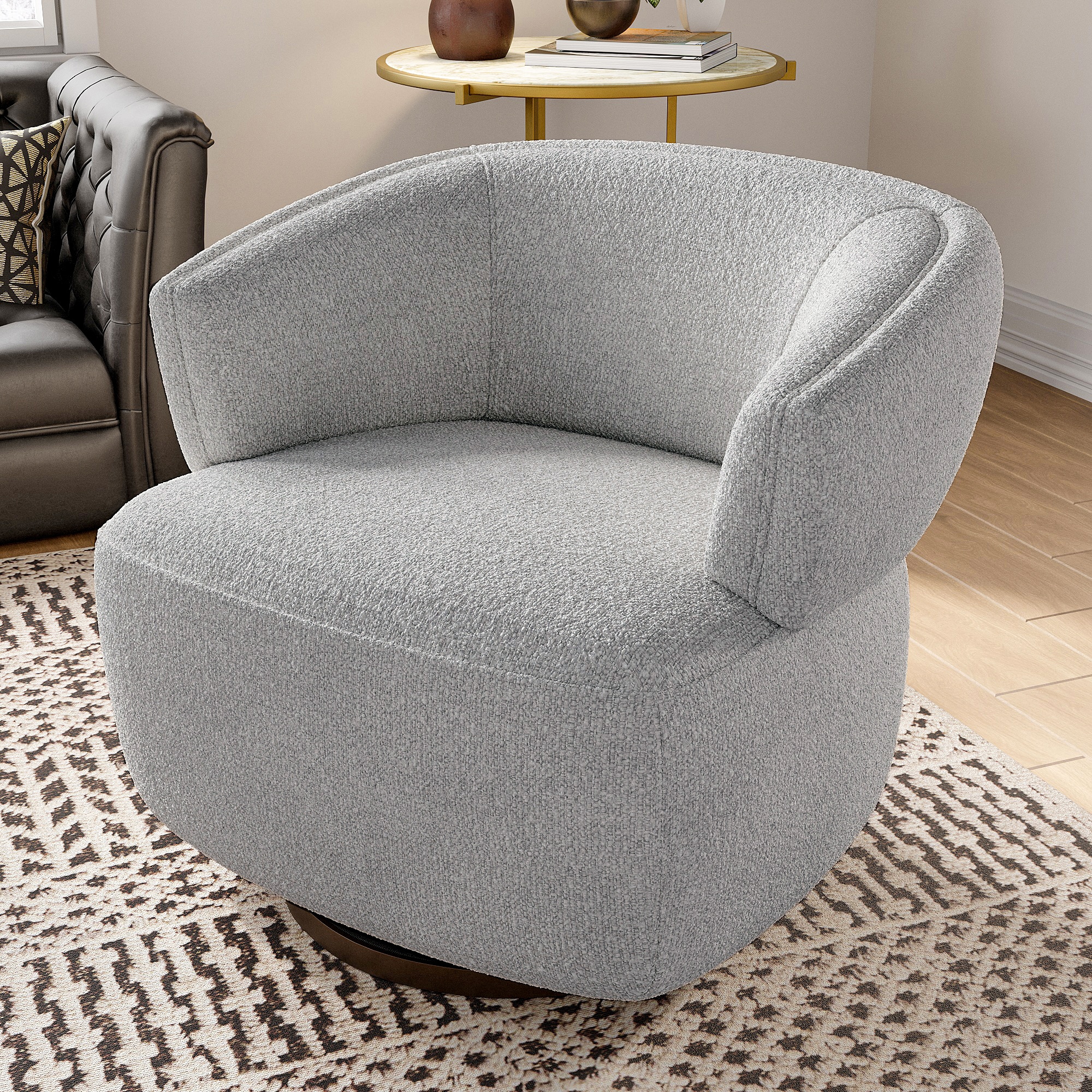 Modern Round Swivel Barrel Chair, Small Accent Chair with Solid Wood Frame and High Rebound Foam, Upholstered Armchair for Living Room, Bedroom, Small