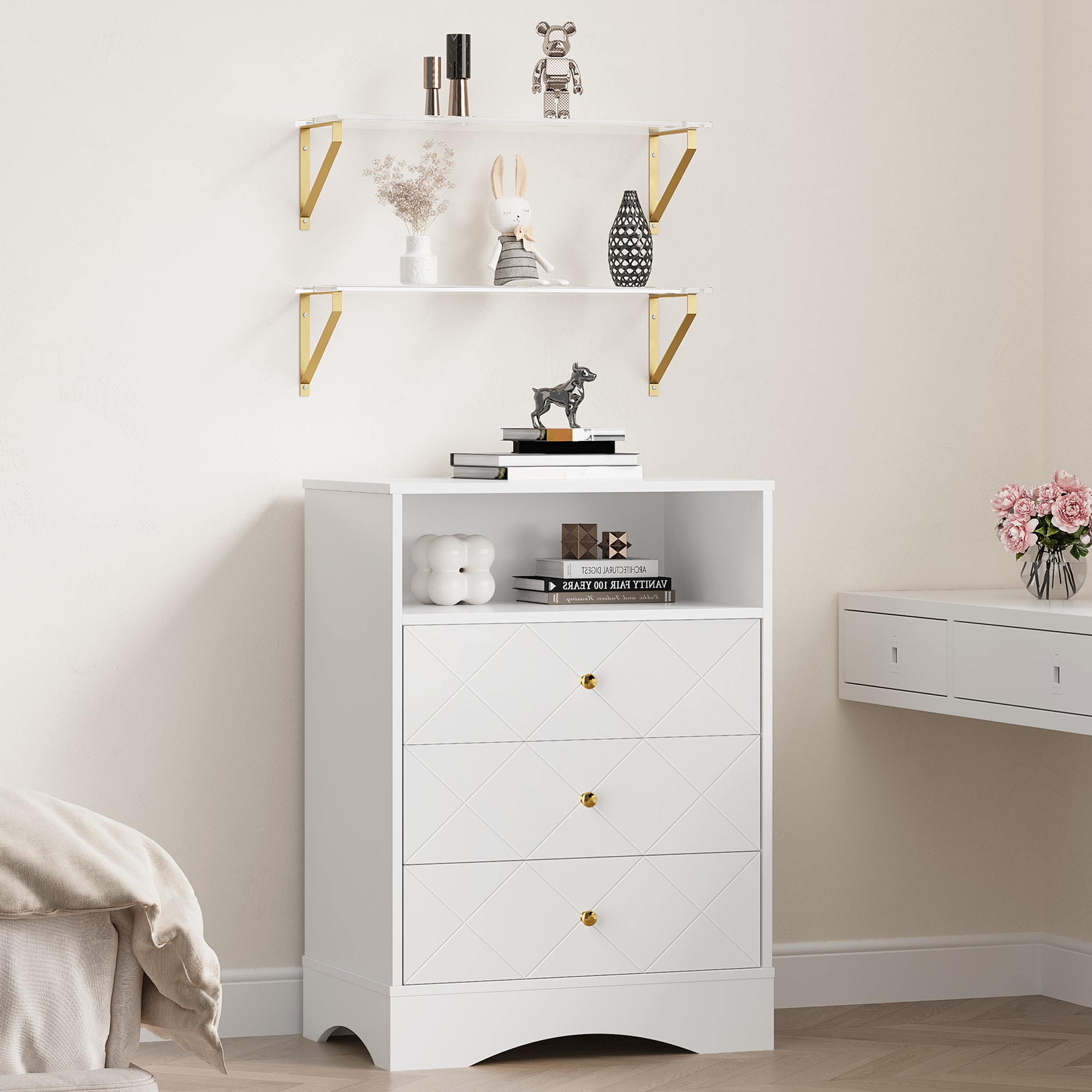 Dresser with Drawers & Floating Shelves, 3 Drawer Dresser with Open Storage & Painted Finish, Modern Storage Dresser for Toddler Room, Bedroom, Living