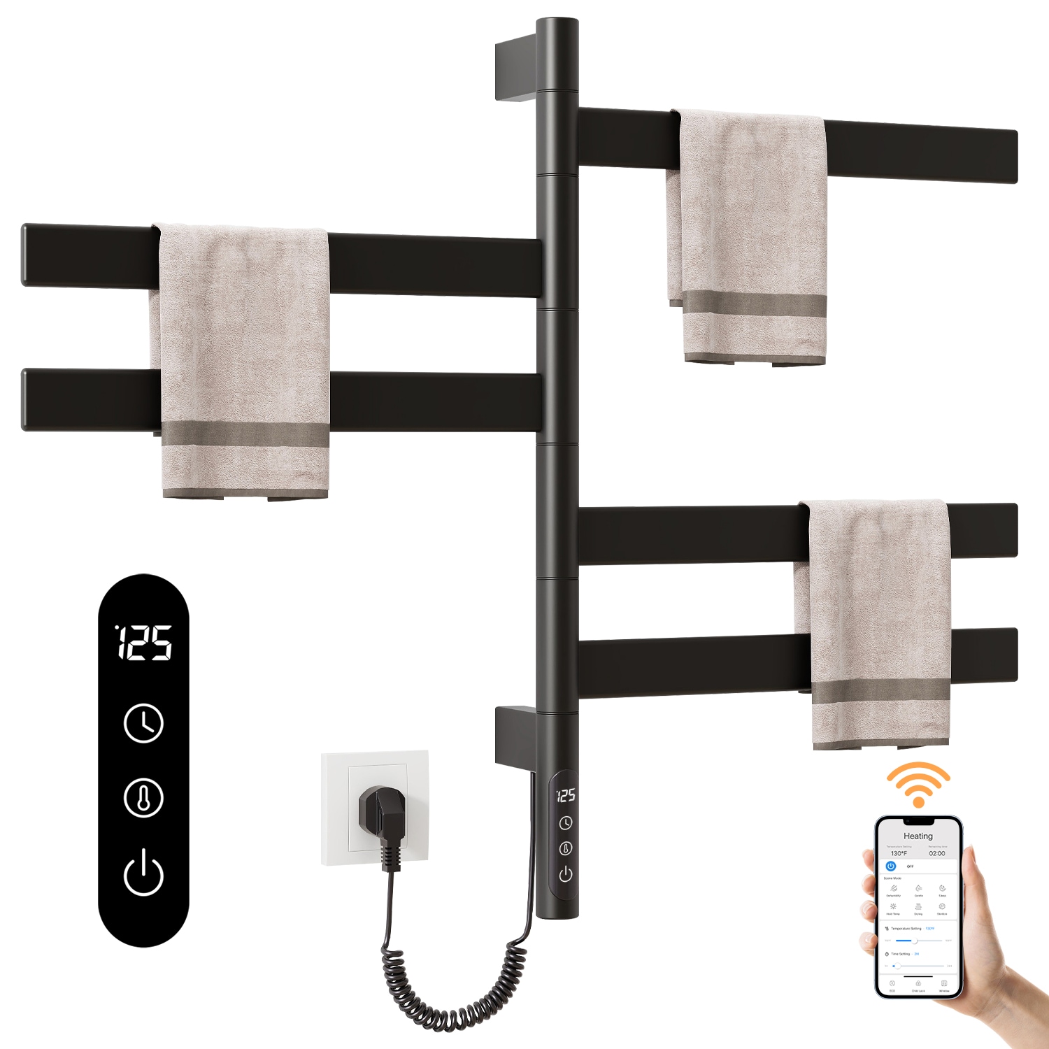 SIOYIE Smart Rotating Heated Towel Rack for Bathroom, Wall-Mounted Electric Towel Dryer with Swivel Bars, Smart Timer, Low Carbon Steel, IPX5, Plug-in