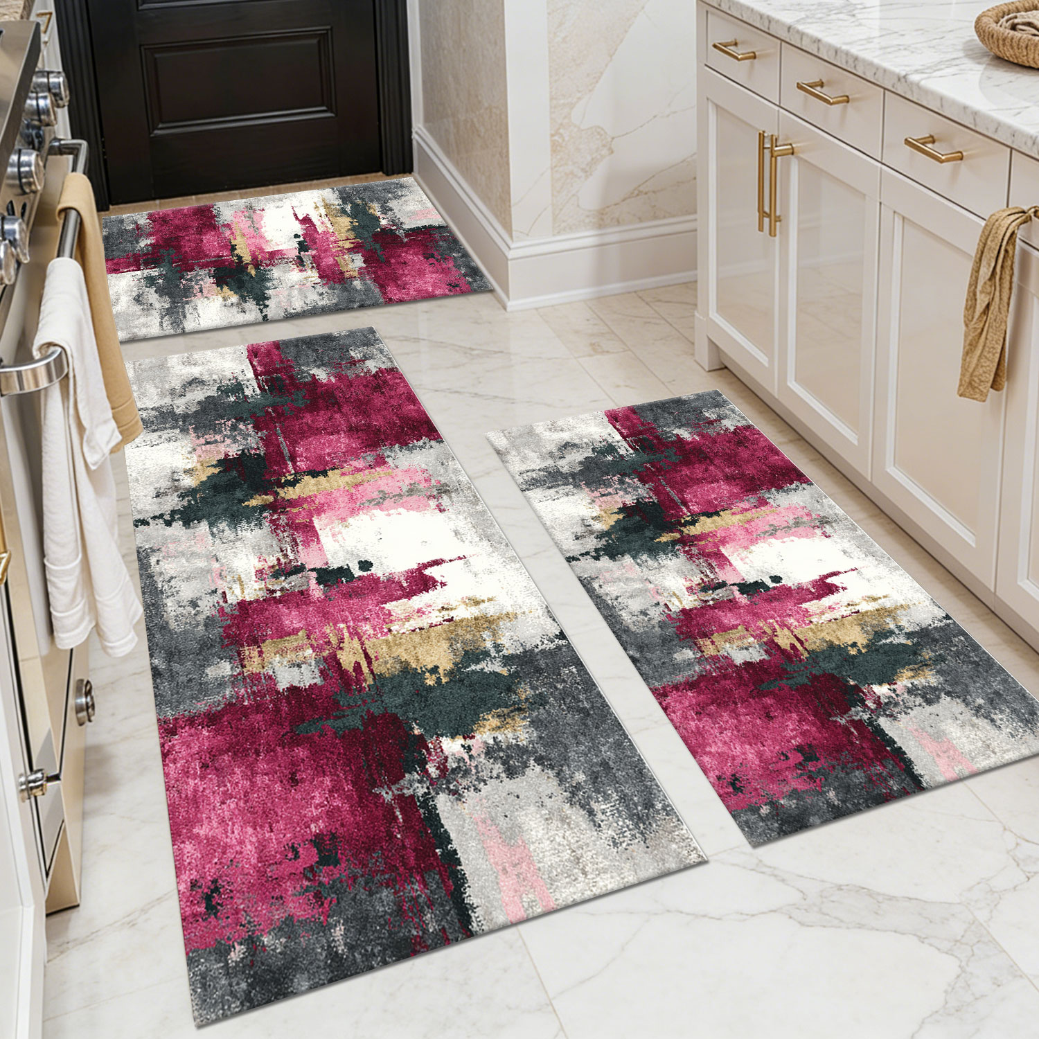 Three-piece kitchen rug set, non-slip and washable, abstract pattern kitchen hallway rug, soft and comfortable, suitable for sinks, floors, entrances,